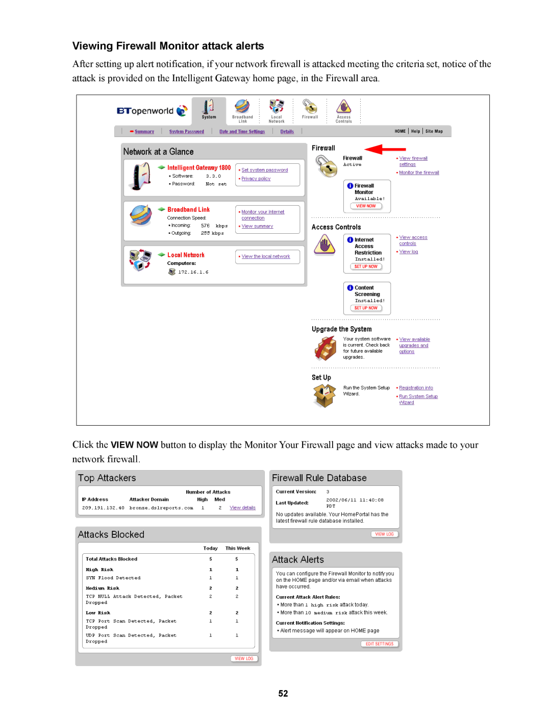 Wire World Of America 1800 manual Viewing Firewall Monitor attack alerts 