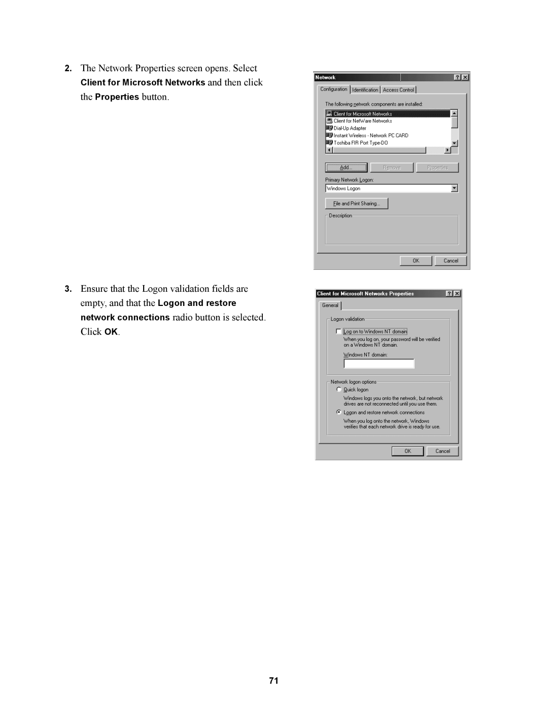 Wire World Of America 1800 manual Network Properties screen opens. Select 