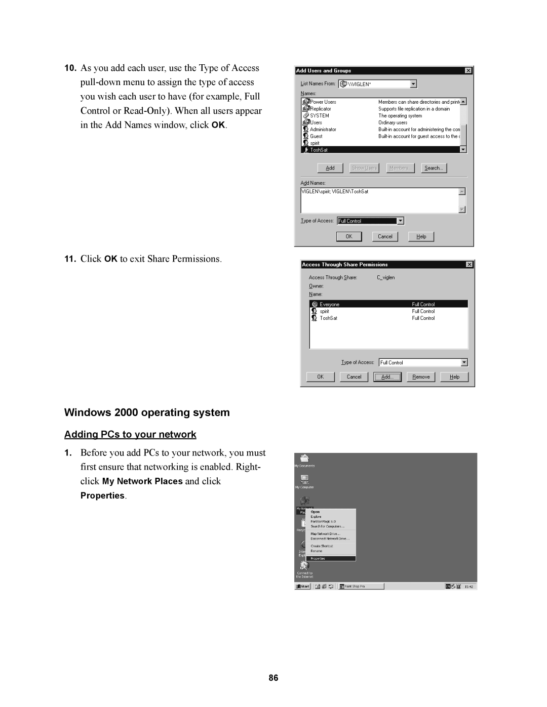 Wire World Of America 1800 manual Windows 2000 operating system, Adding PCs to your network 