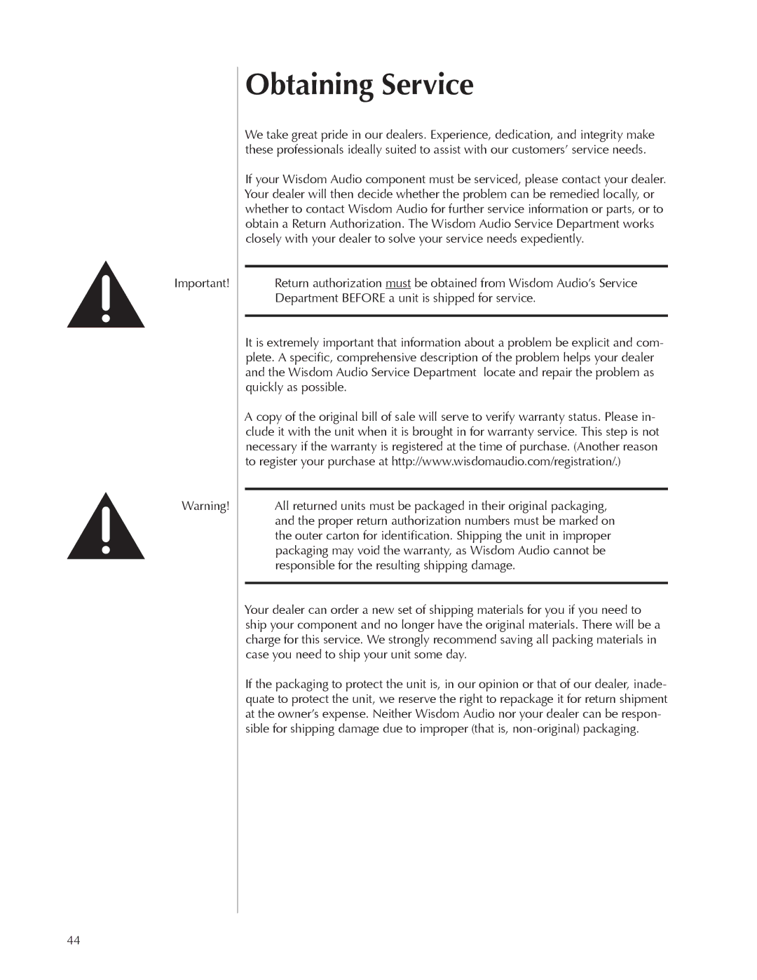 Wisdom Wands SC-1 owner manual Obtaining Service 