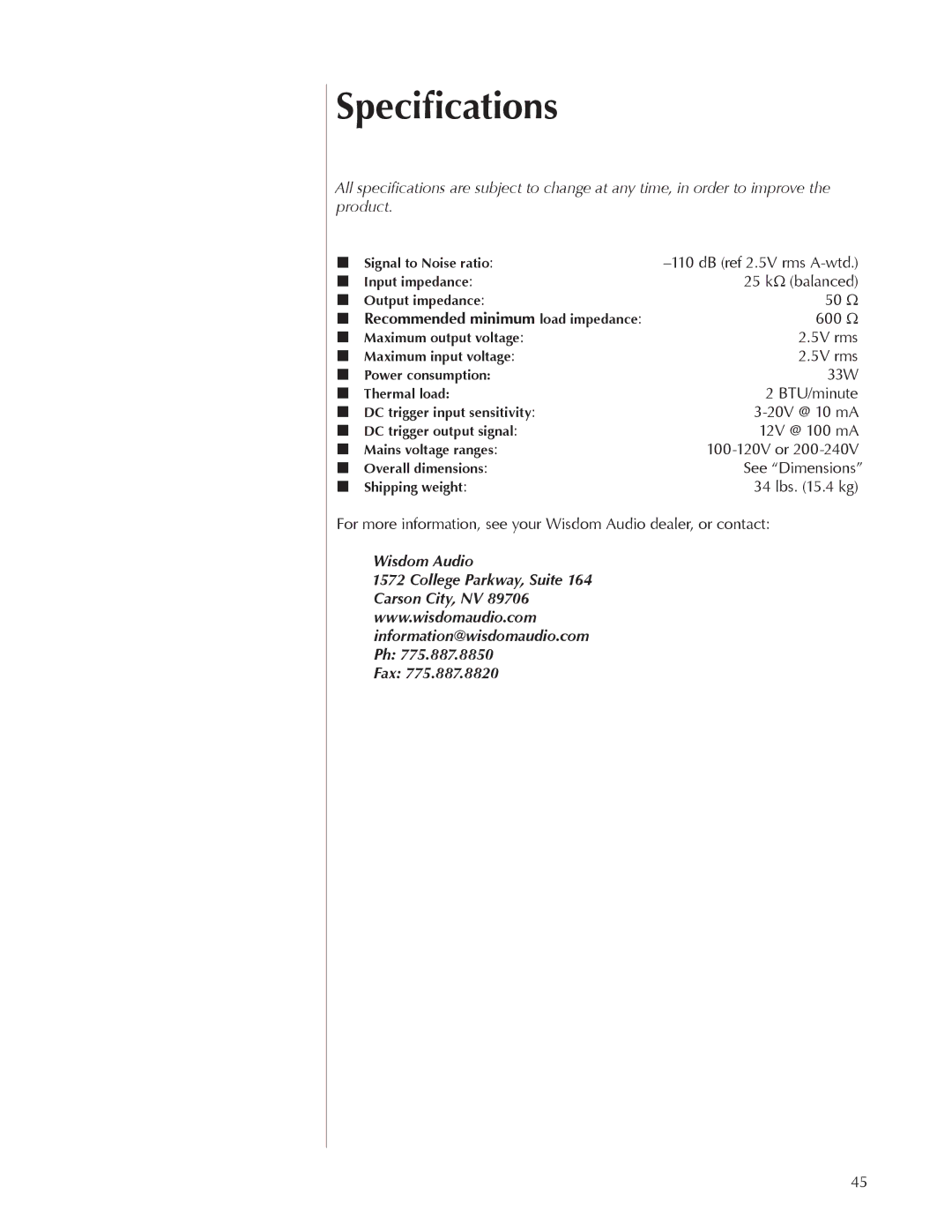 Wisdom Wands SC-1 owner manual Specifications, Recommended minimum load impedance 