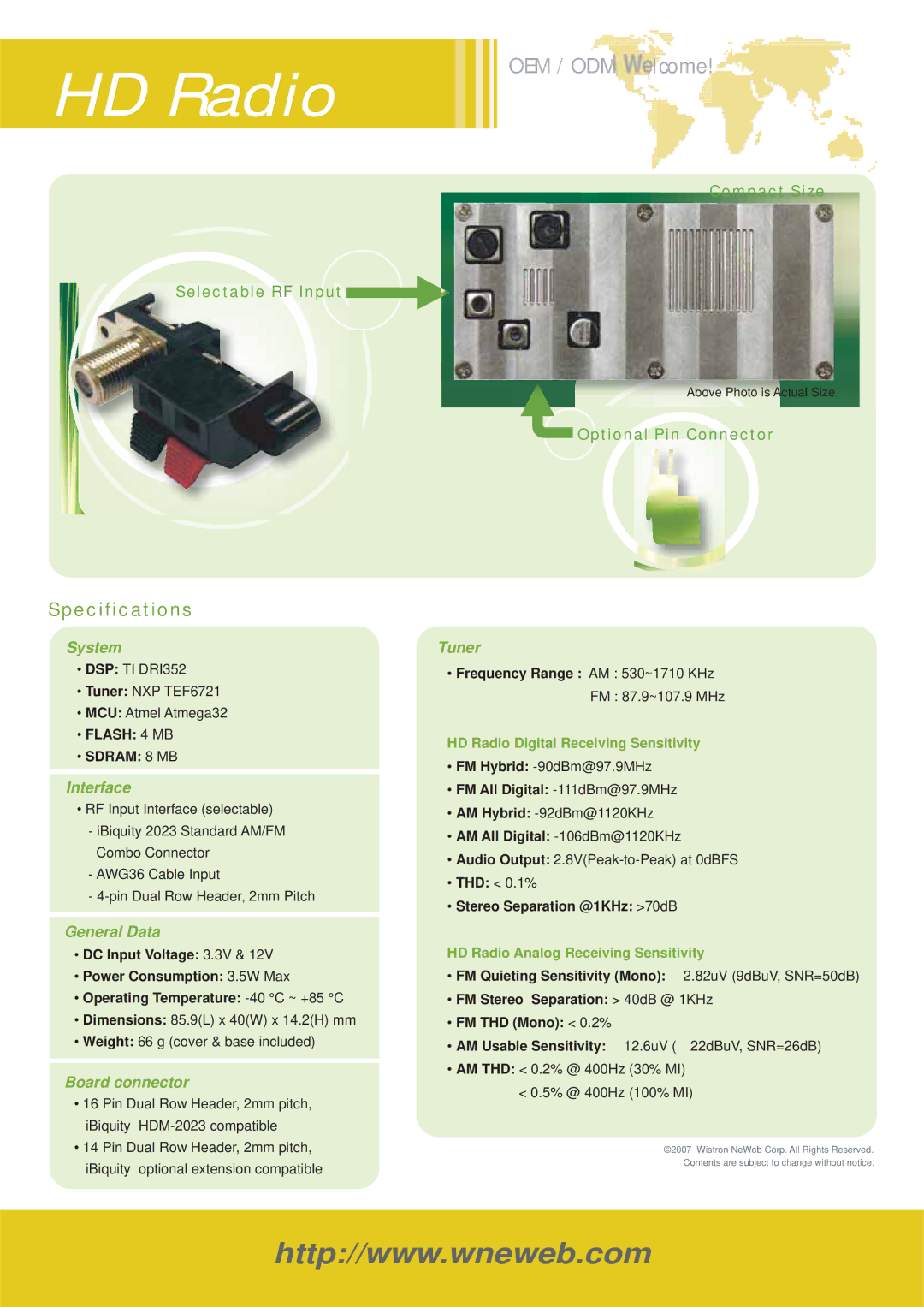 Wistron NeWeb HMA manual System, Interface, General Data, Board connector, Tuner 