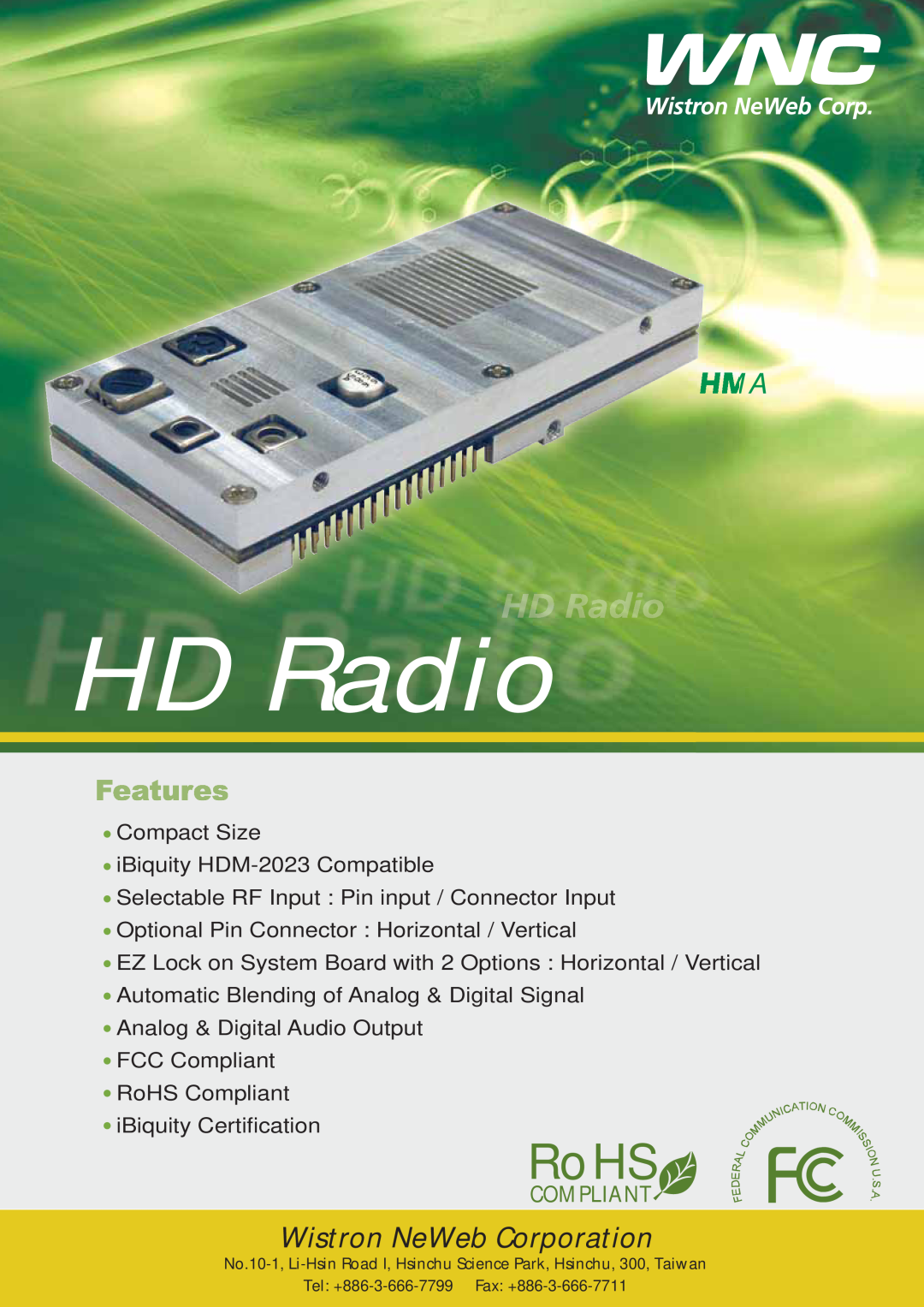 Wistron NeWeb HMA manual HD Radio, RoHS, Wistron NeWeb Corporation, Compliant 