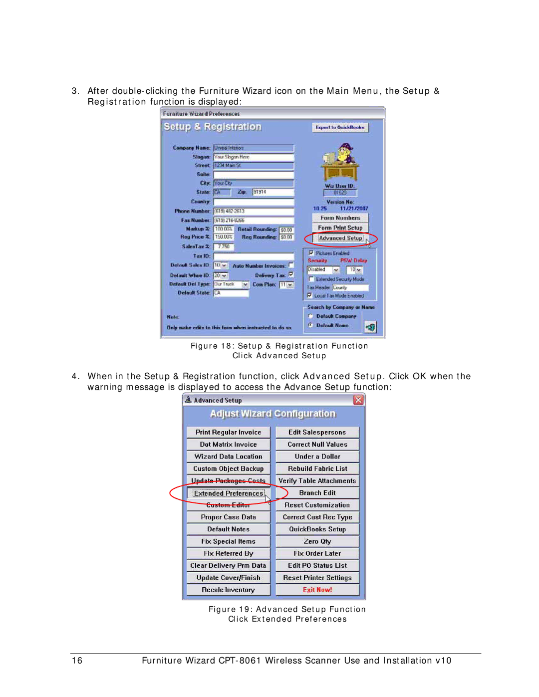 Wizard Ca Co CPT-8061, Wireless Scanner manual Setup & Registration Function Click Advanced Setup 