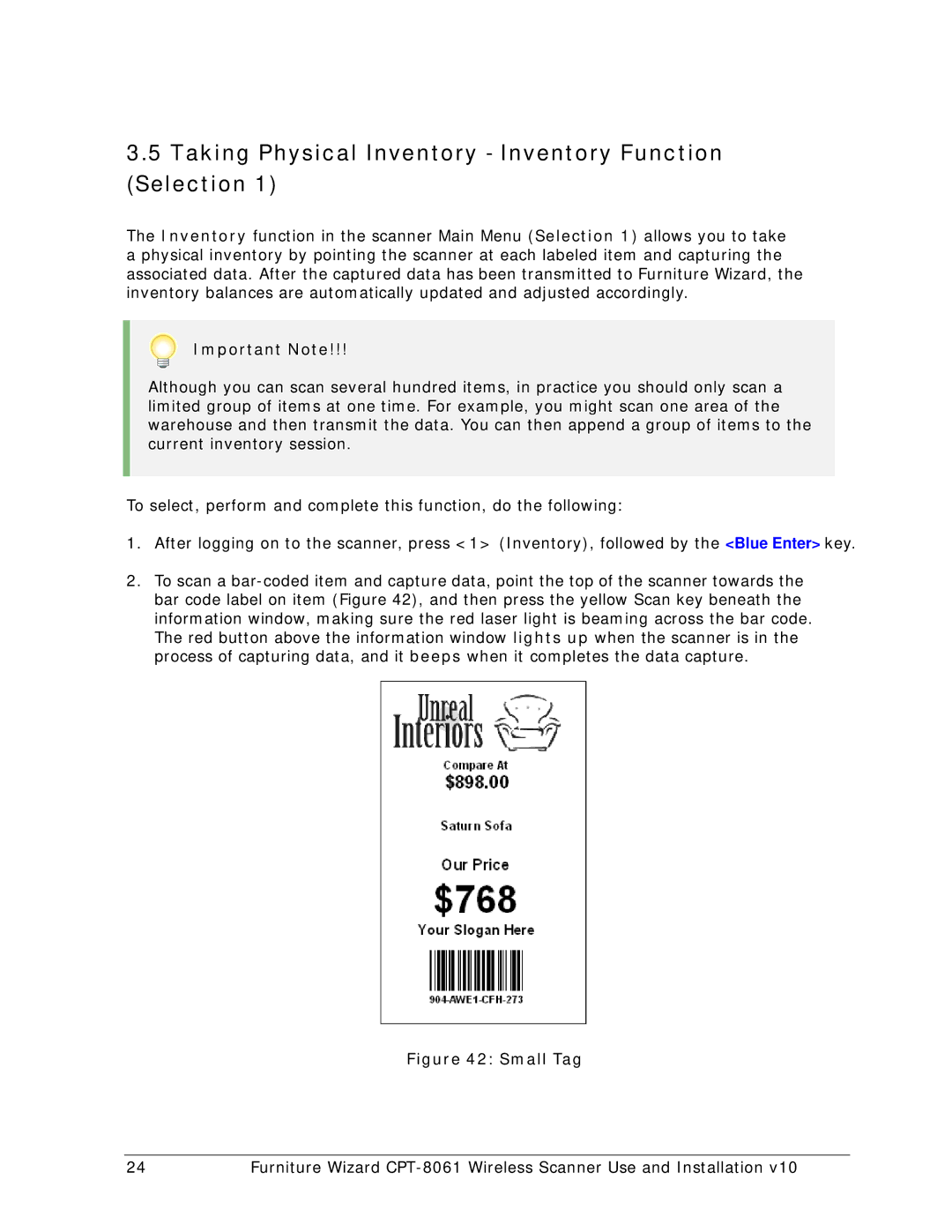 Wizard Ca Co CPT-8061, Wireless Scanner manual Taking Physical Inventory Inventory Function Selection, Small Tag 