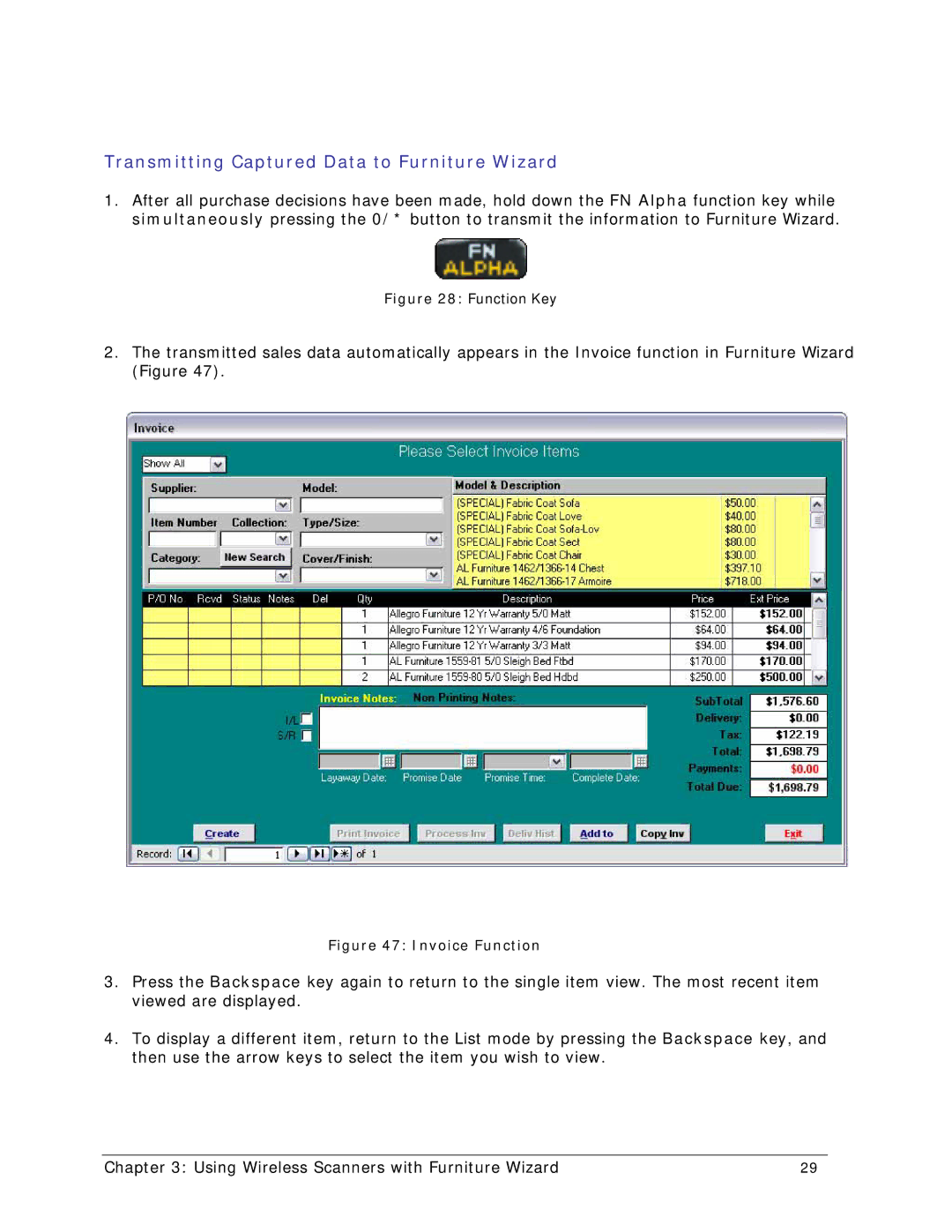 Wizard Ca Co Wireless Scanner, CPT-8061 manual Transmitting Captured Data to Furniture Wizard, Function Key 