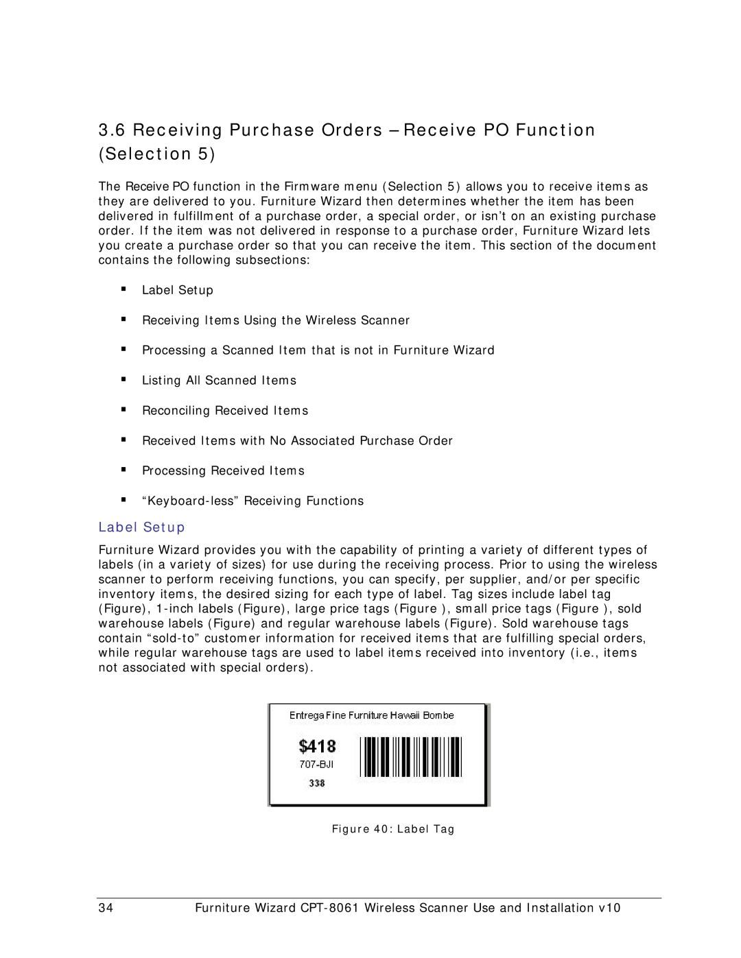 Wizard Ca Co CPT-8061, Wireless Scanner manual Receiving Purchase Orders Receive PO Function Selection, Label Setup 