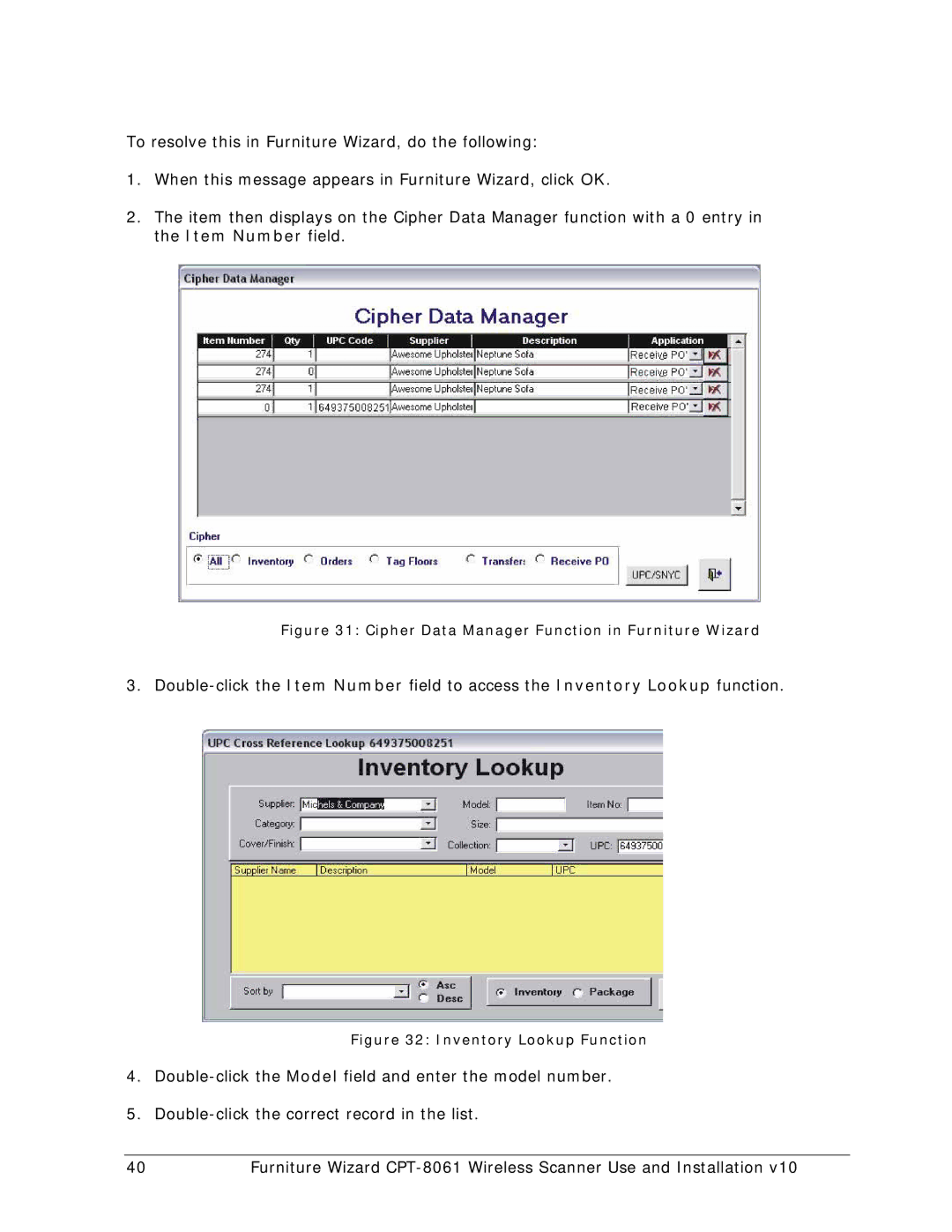 Wizard Ca Co CPT-8061, Wireless Scanner manual Cipher Data Manager Function in Furniture Wizard 