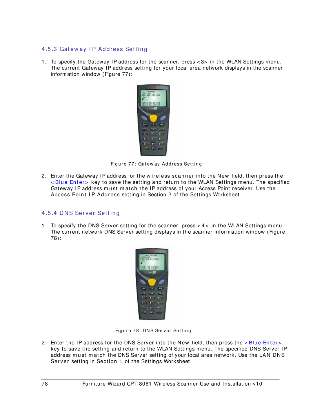 Wizard Ca Co CPT-8061, Wireless Scanner manual Gateway IP Address Setting, DNS Server Setting 