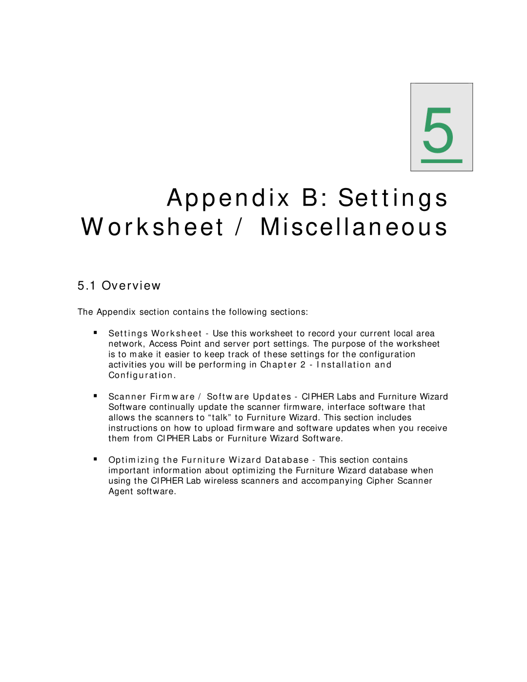 Wizard Ca Co Wireless Scanner, CPT-8061 manual Appendix B Settings Worksheet / Miscellaneous 