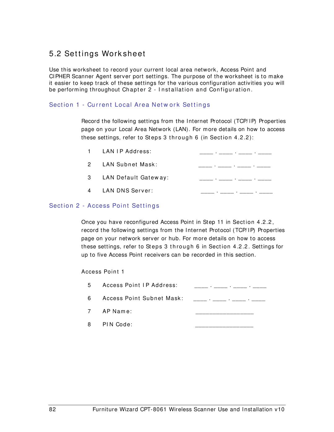 Wizard Ca Co CPT-8061, Wireless Scanner Settings Worksheet, Current Local Area Network Settings, Access Point Settings 