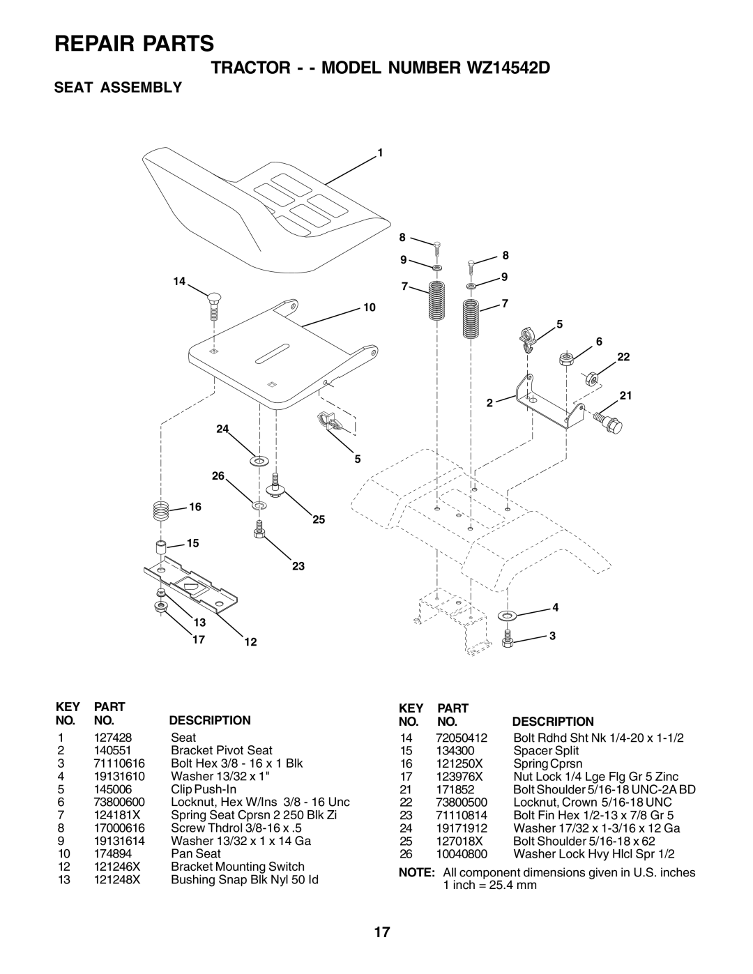 Wizard Ca Co WZ14542D manual Seat Assembly 