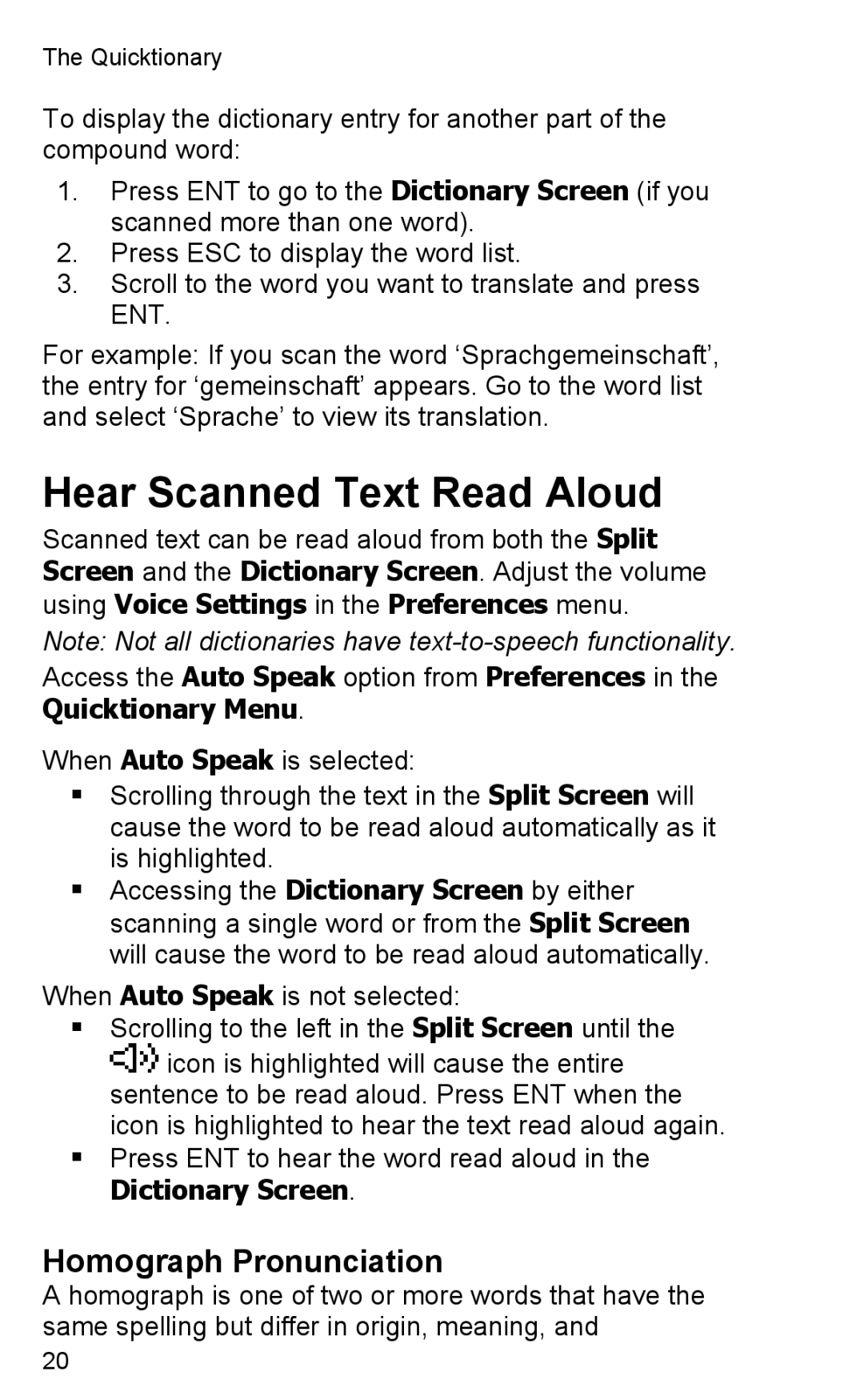 Wizcom 2 Professional user manual Hear Scanned Text Read Aloud, Dictionary Screen 