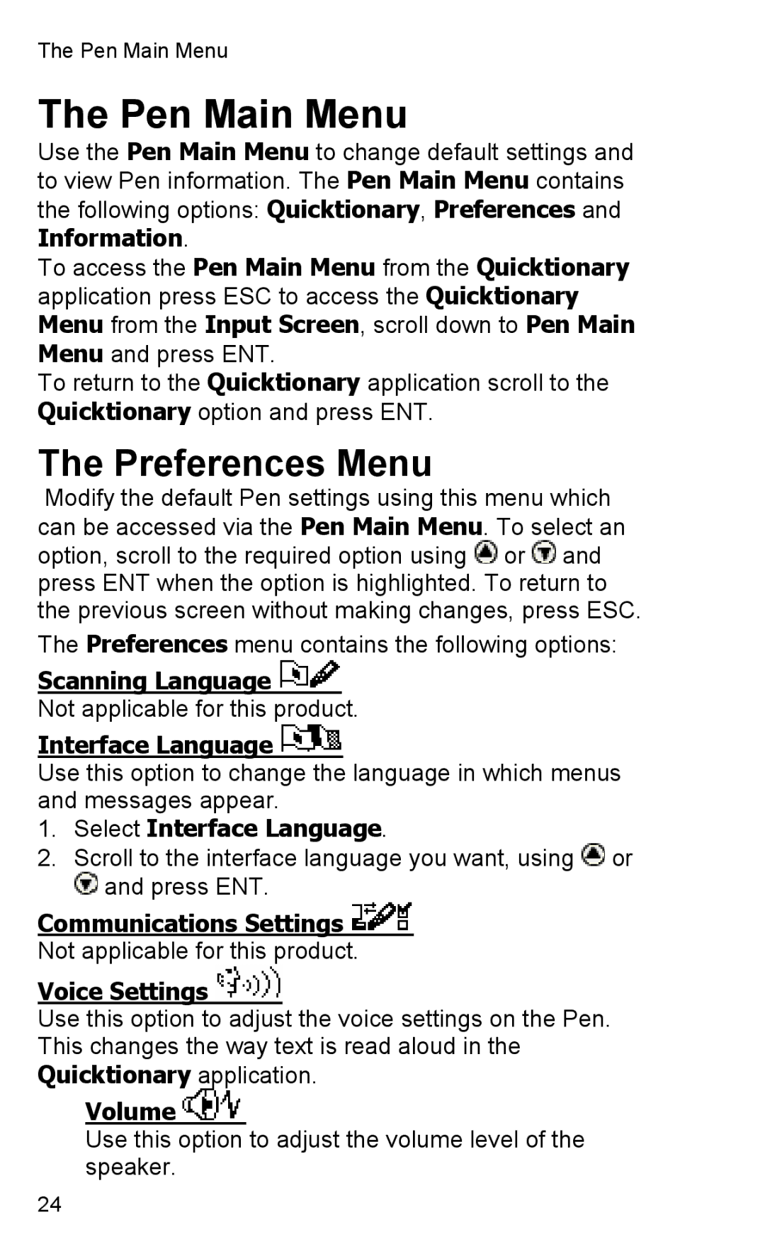 Wizcom 2 Professional user manual Pen Main Menu, Preferences Menu 