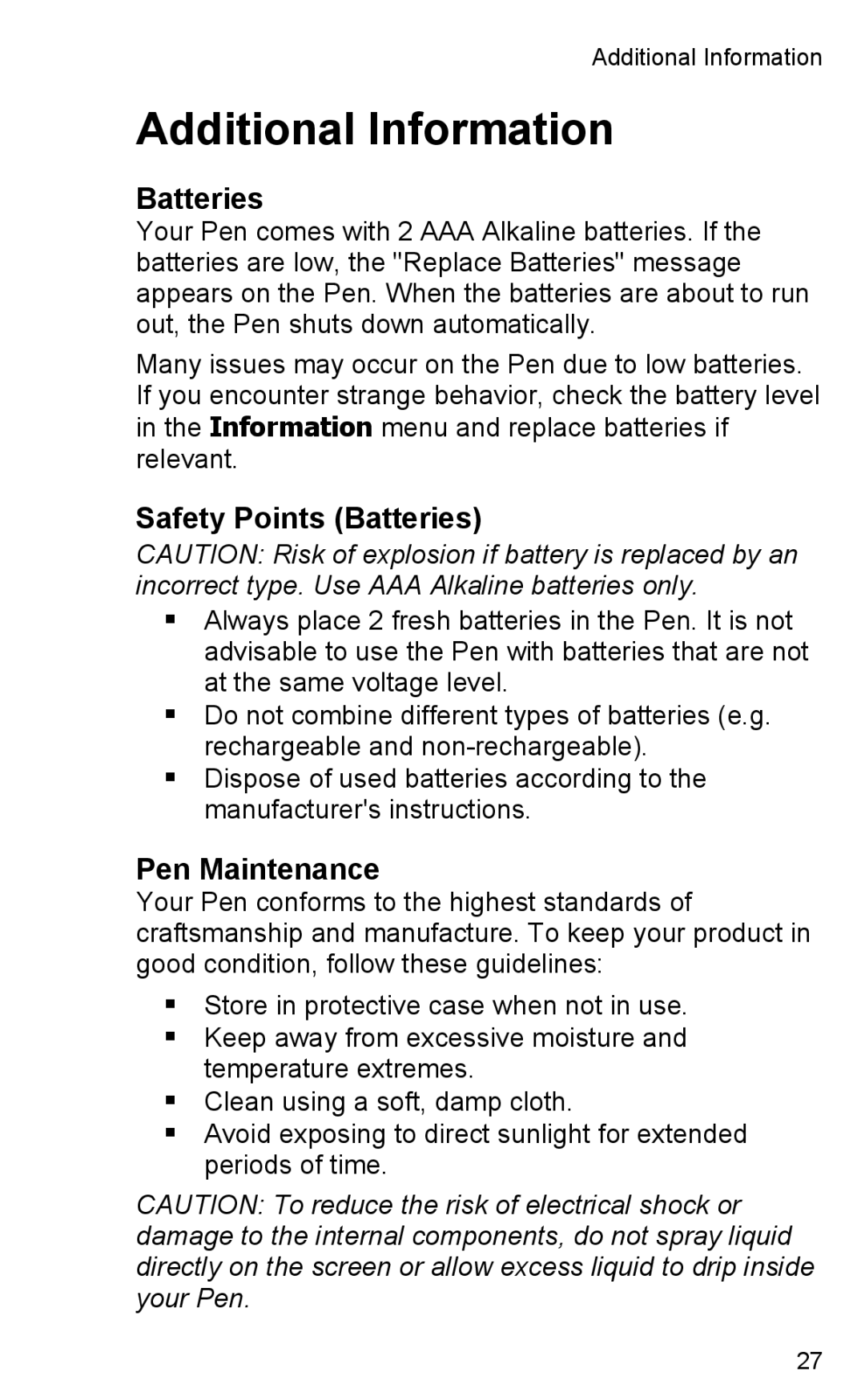 Wizcom 2 Professional user manual Additional Information, Batteries 