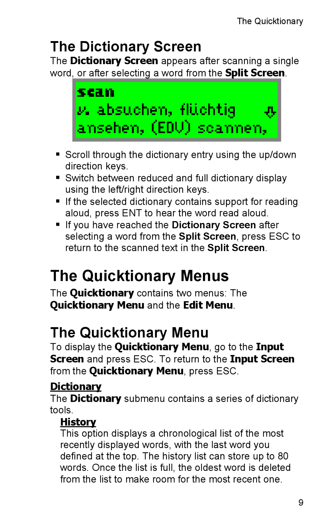 Wizcom 2 Professional user manual Quicktionary Menus, Dictionary Screen, History 