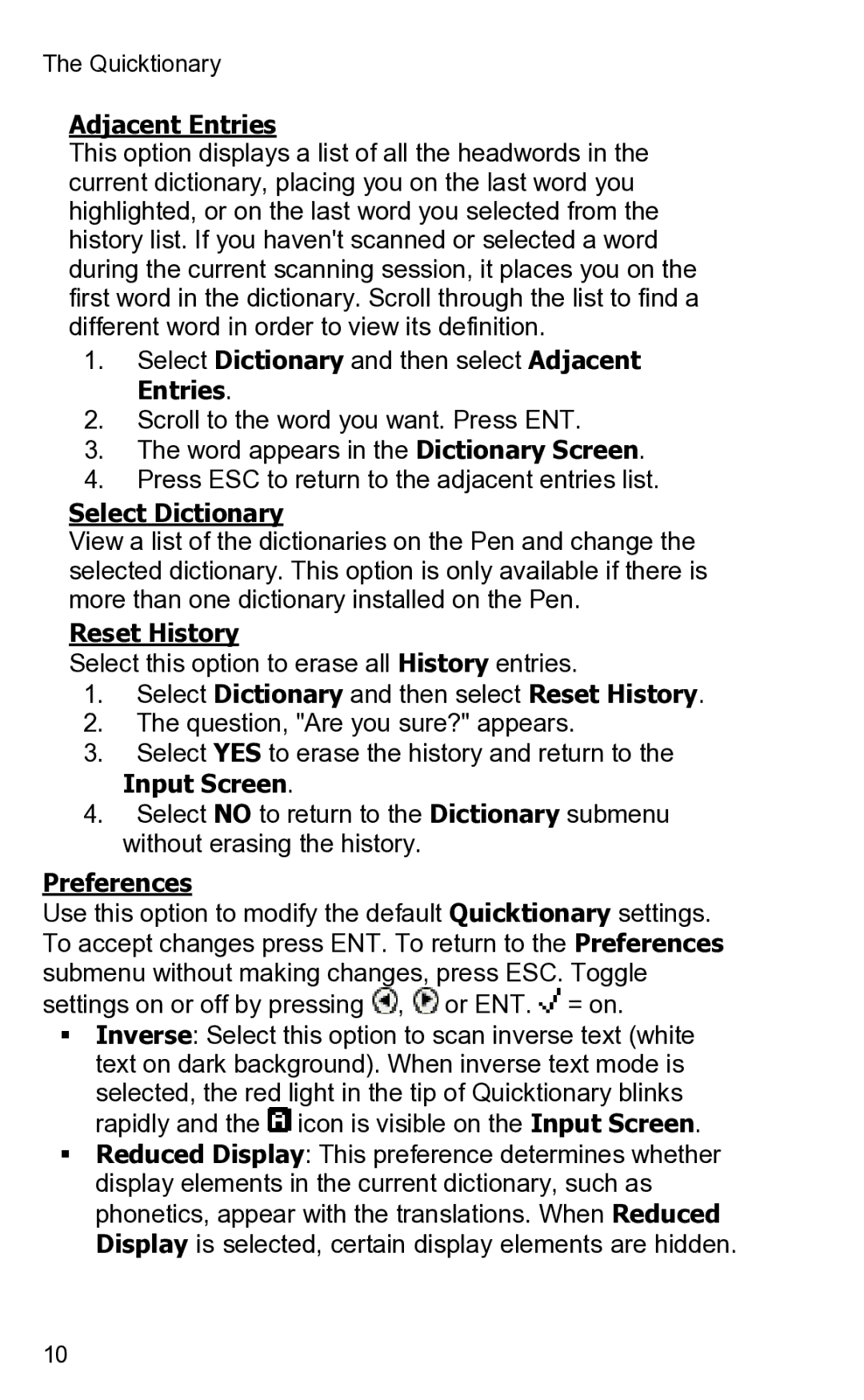 Wizcom 2 user manual Select Dictionary and then select Adjacent Entries, Reset History, Input Screen, Preferences 