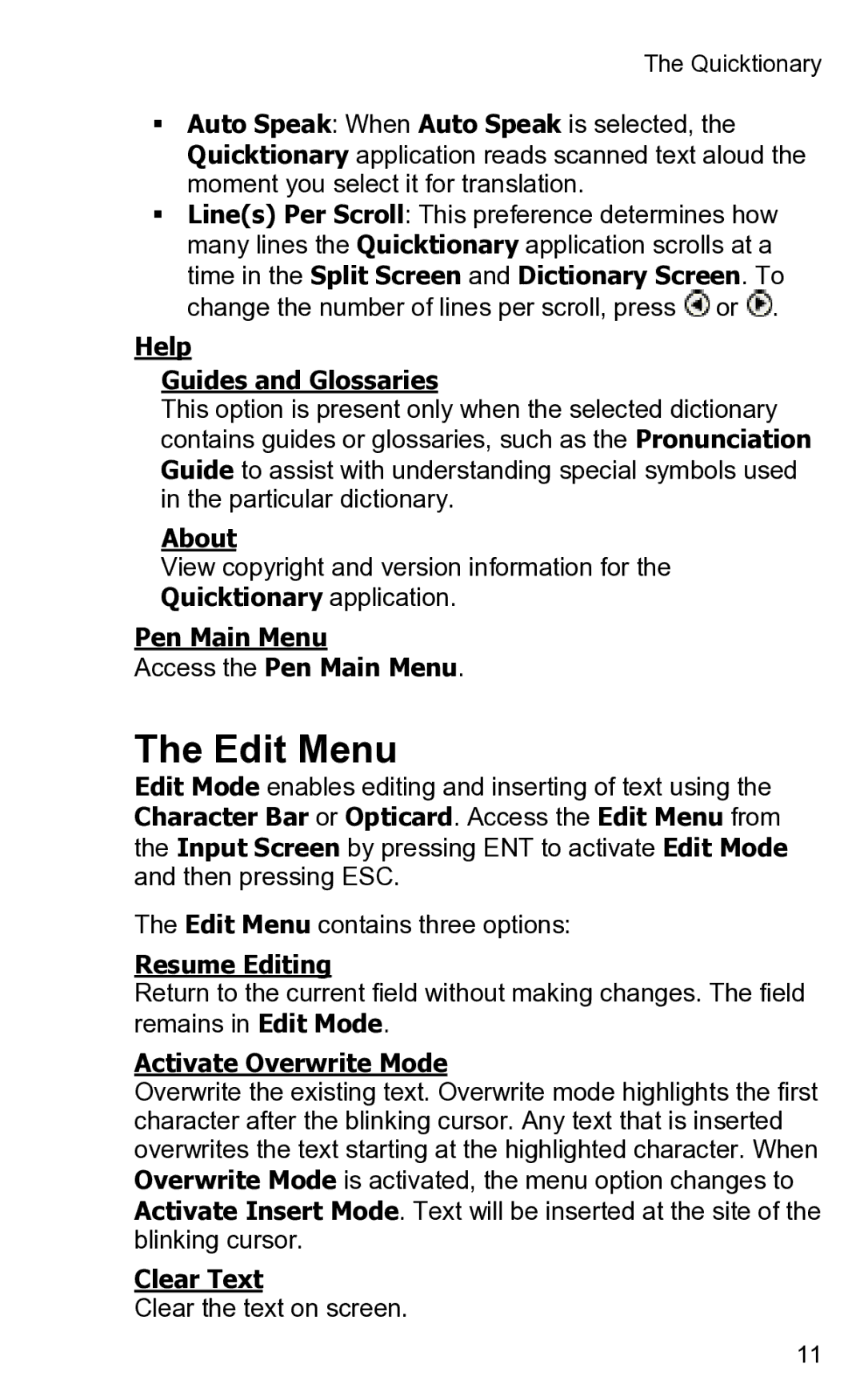 Wizcom 2 user manual Edit Menu, About, Resume Editing, Activate Overwrite Mode, Clear Text 