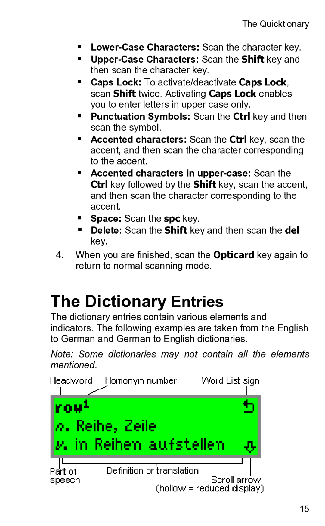 Wizcom 2 user manual Dictionary Entries, ƒ Accented characters in upper-case Scan 