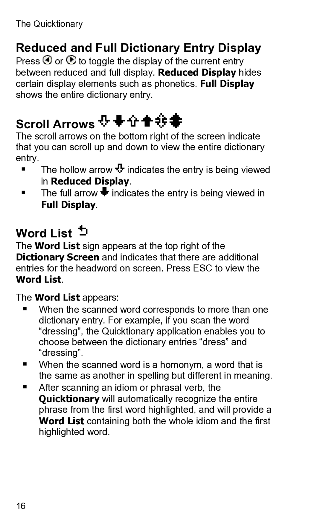 Wizcom 2 user manual Reduced and Full Dictionary Entry Display, Scroll Arrows, Word List, Full Display 