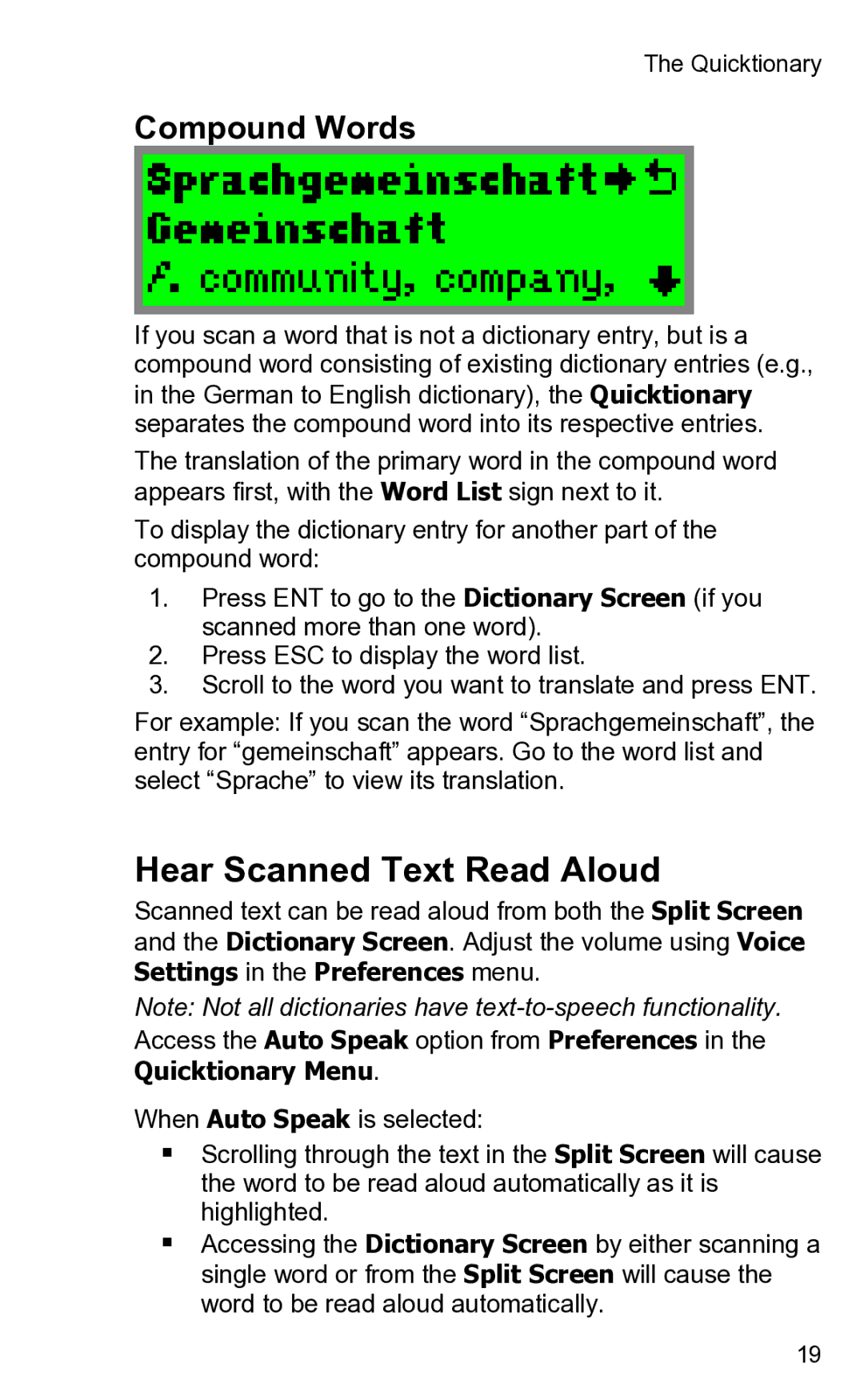 Wizcom 2 user manual Hear Scanned Text Read Aloud, Compound Words 