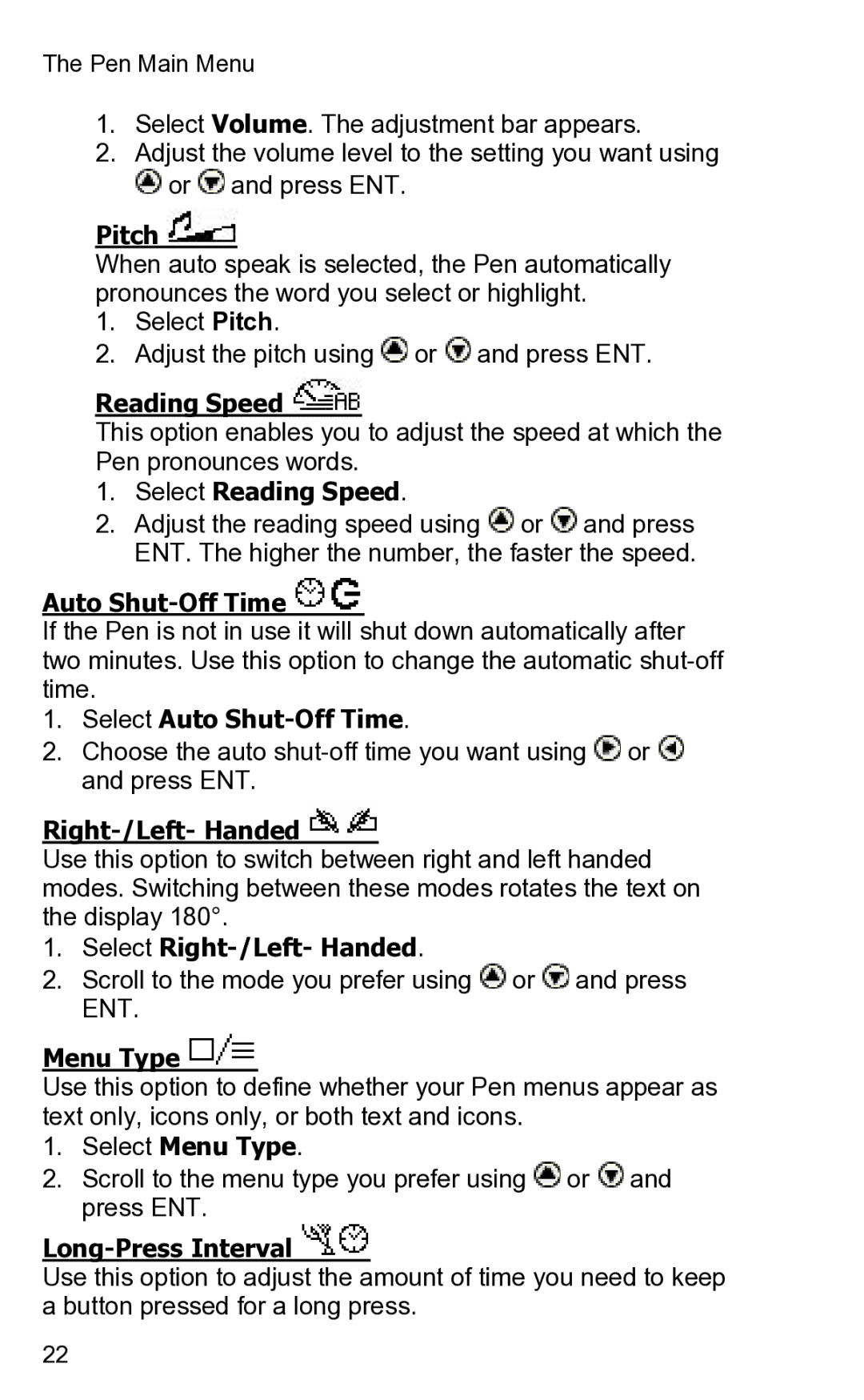 Wizcom 2 Pitch, Select Reading Speed, Select Auto Shut-Off Time, Select Right-/Left- Handed, Menu Type 