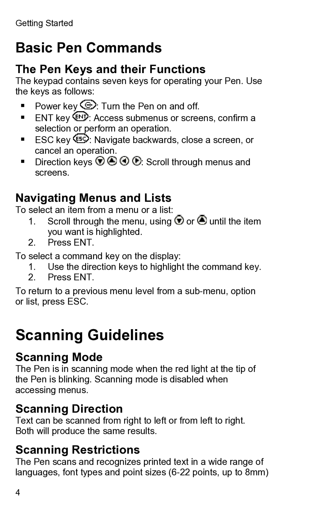 Wizcom 2 user manual Scanning Guidelines, Basic Pen Commands 