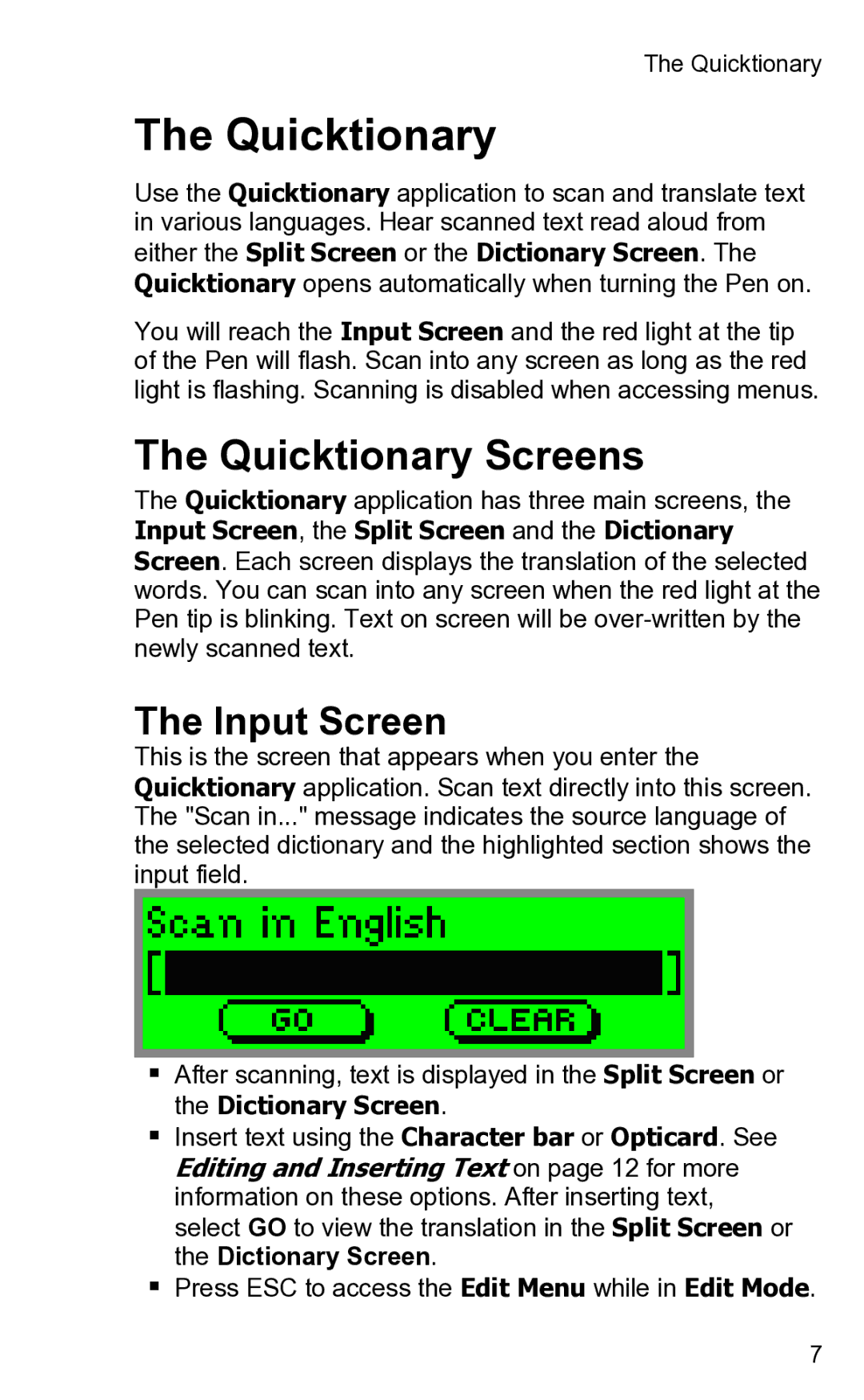 Wizcom 2 user manual Quicktionary Screens, Input Screen 