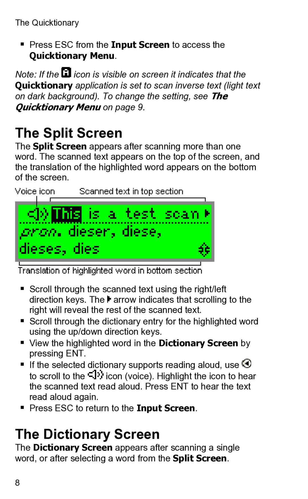 Wizcom 2 user manual Split Screen, Dictionary Screen, Quicktionary Menu 