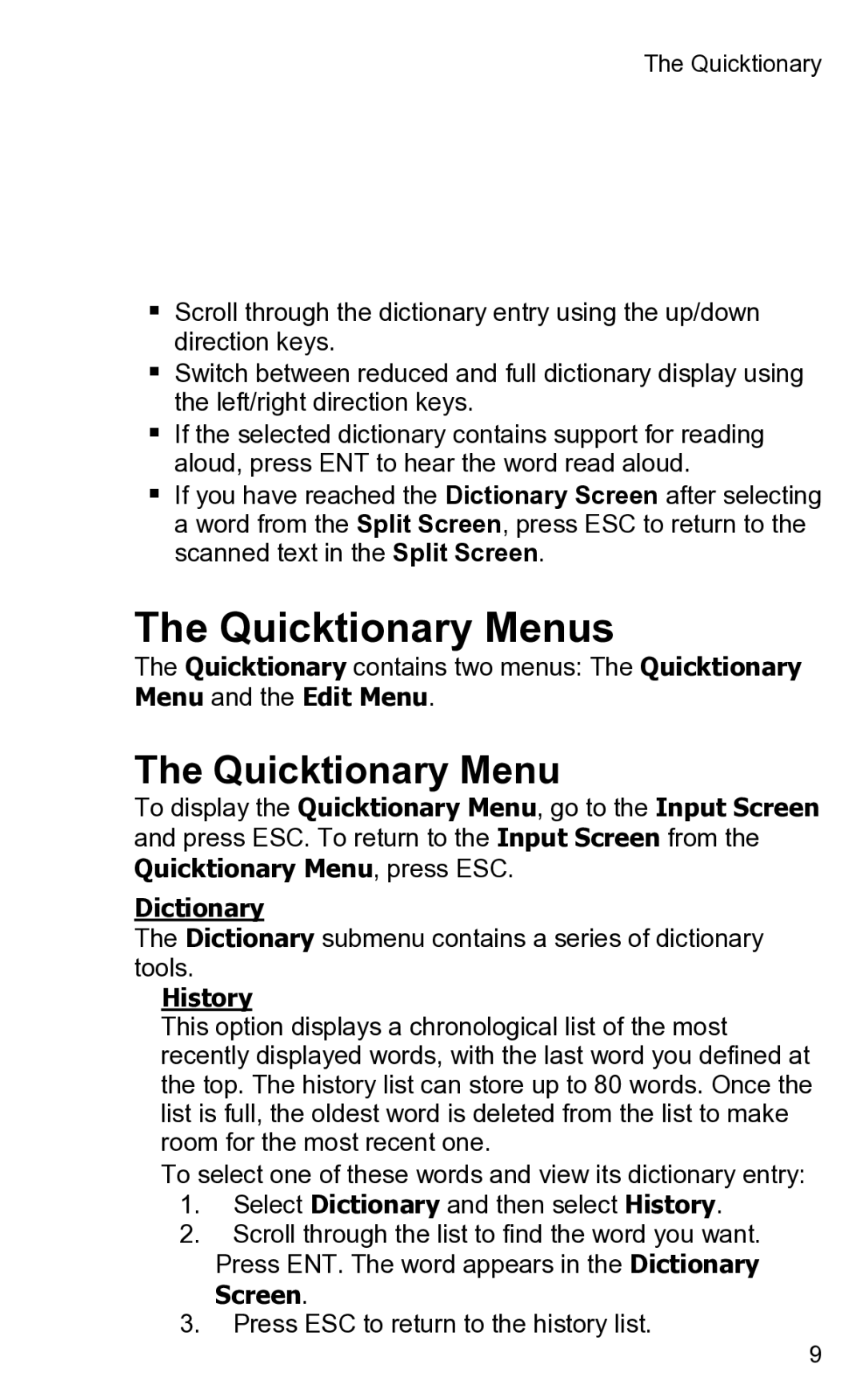 Wizcom 2 user manual Quicktionary Menus, History 