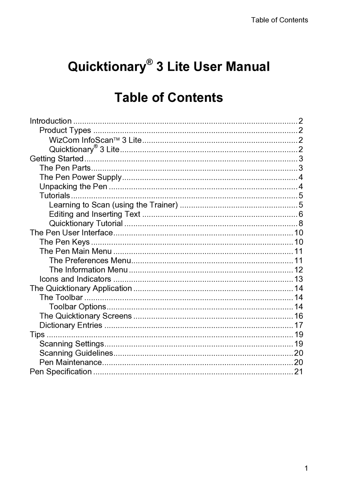 Wizcom 3 Lite user manual Table of Contents 