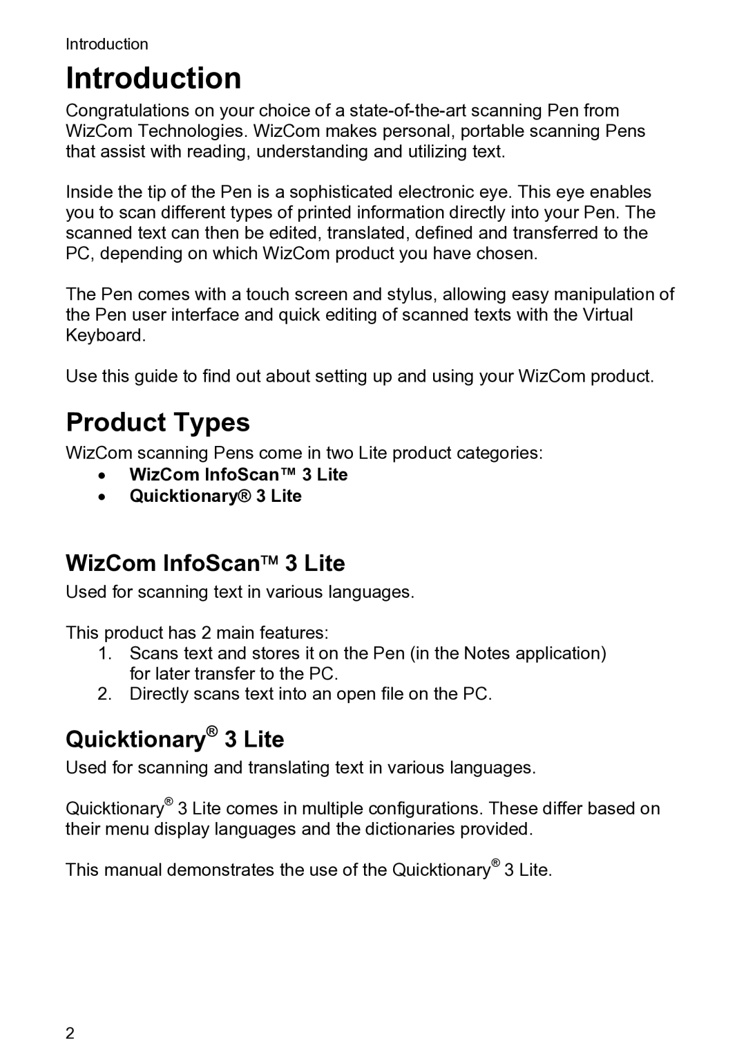 Wizcom user manual Introduction, Product Types, WizCom InfoScan 3 Lite, Quicktionary 3 Lite 