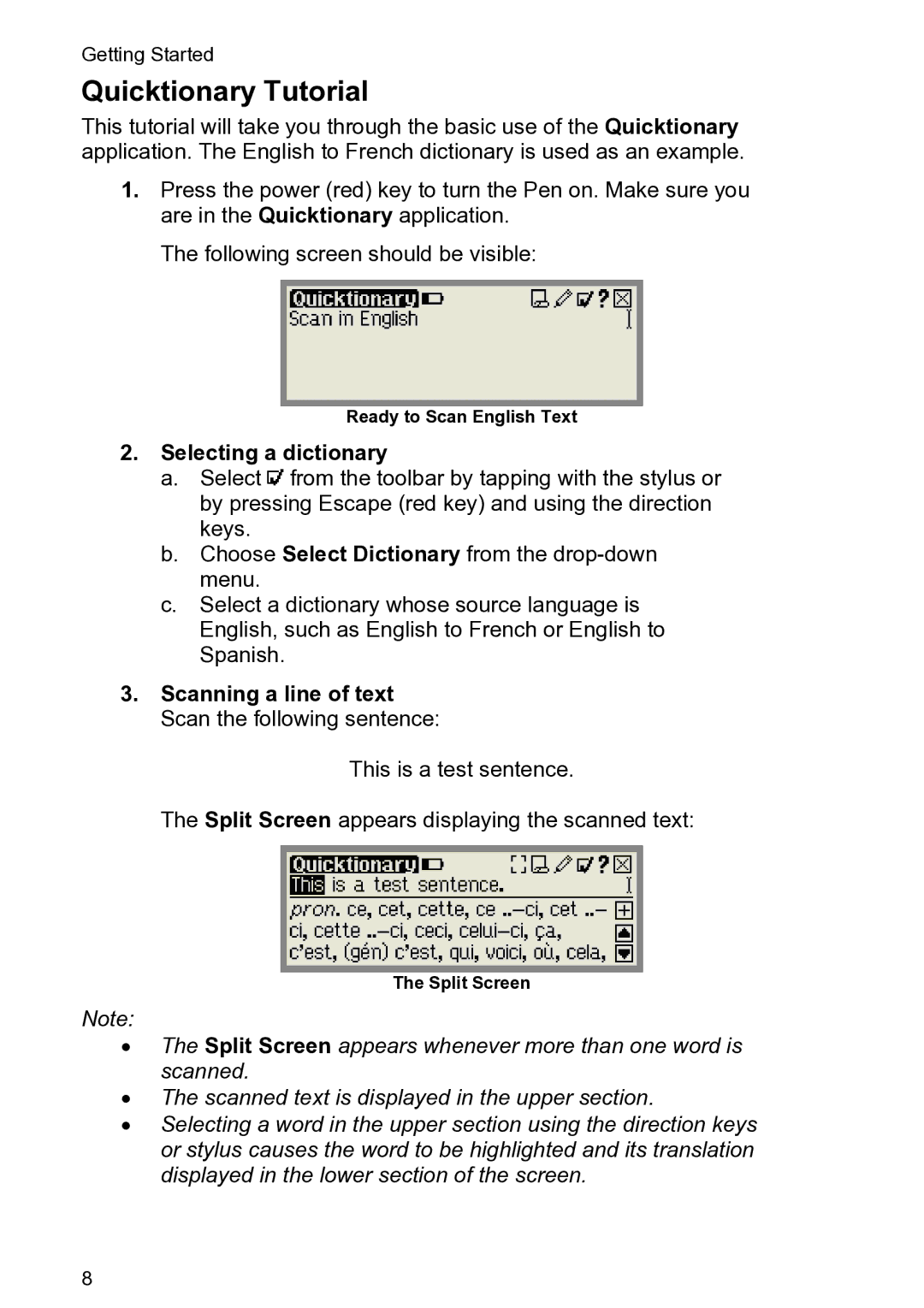 Wizcom 3 Lite Quicktionary Tutorial, Selecting a dictionary, Scanning a line of text Scan the following sentence 