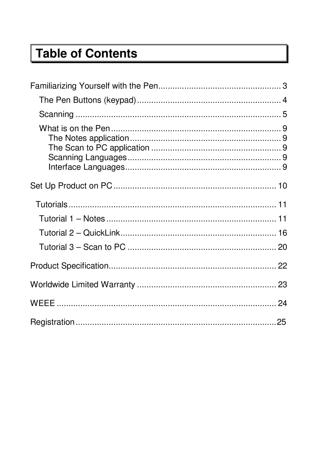 Wizcom Pen Scanner warranty Table of Contents 