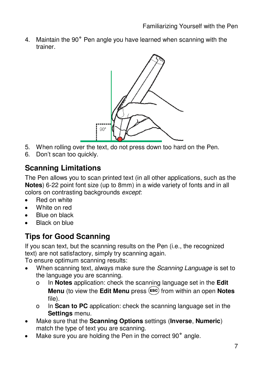 Wizcom Pen Scanner warranty Scanning Limitations, Tips for Good Scanning 