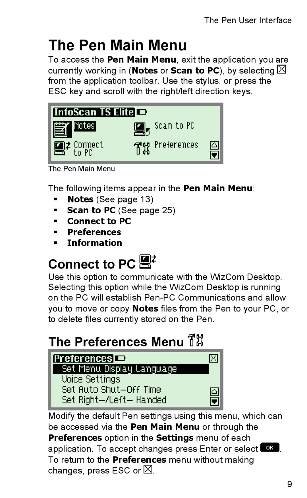 Wizcom TS Elite user manual Pen Main Menu, Preferences Menu, ƒ Connect to PC ƒ Preferences ƒ Information 