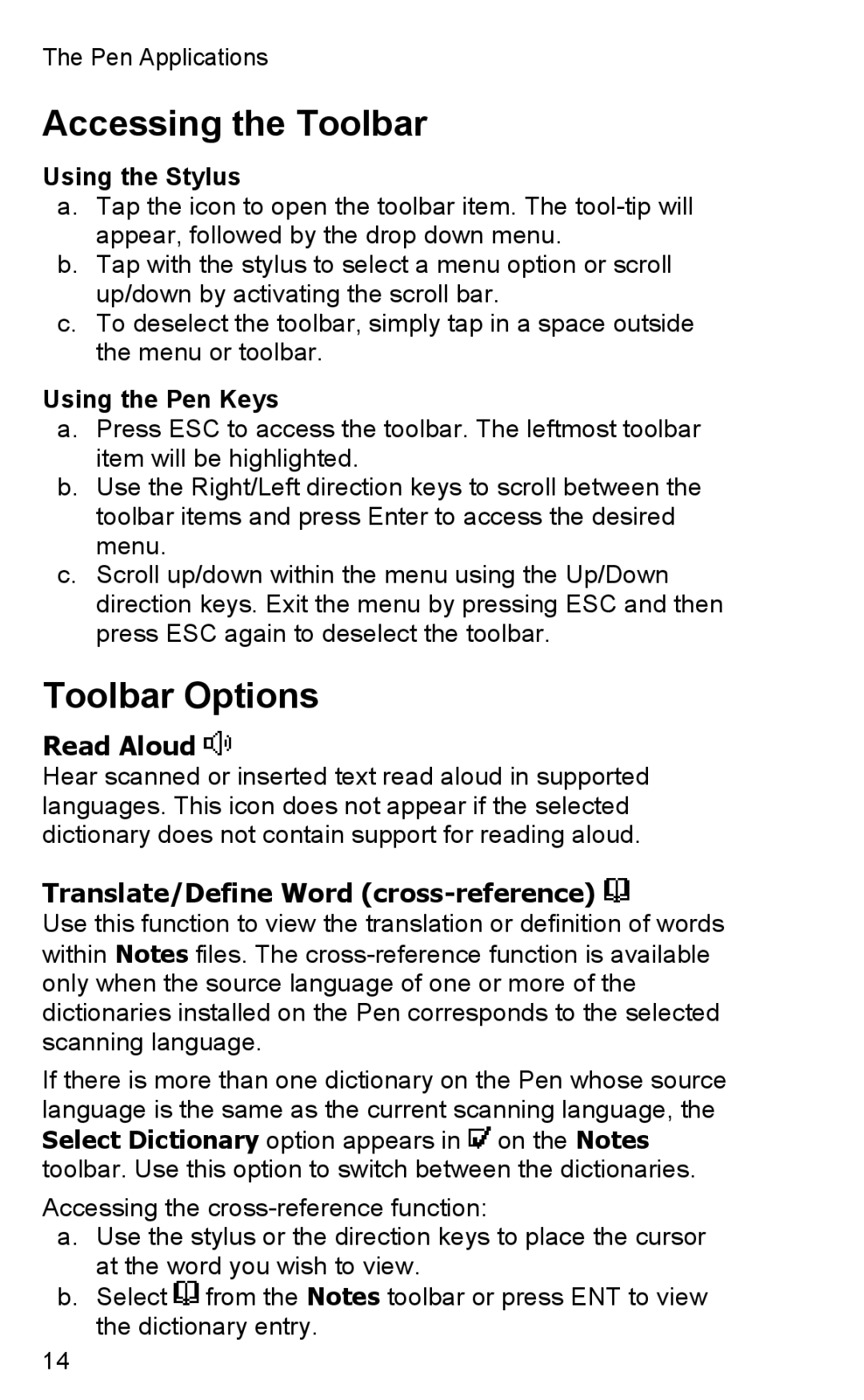 Wizcom TS Elite user manual Accessing the Toolbar, Toolbar Options, Read Aloud, Translate/Define Word cross-reference 