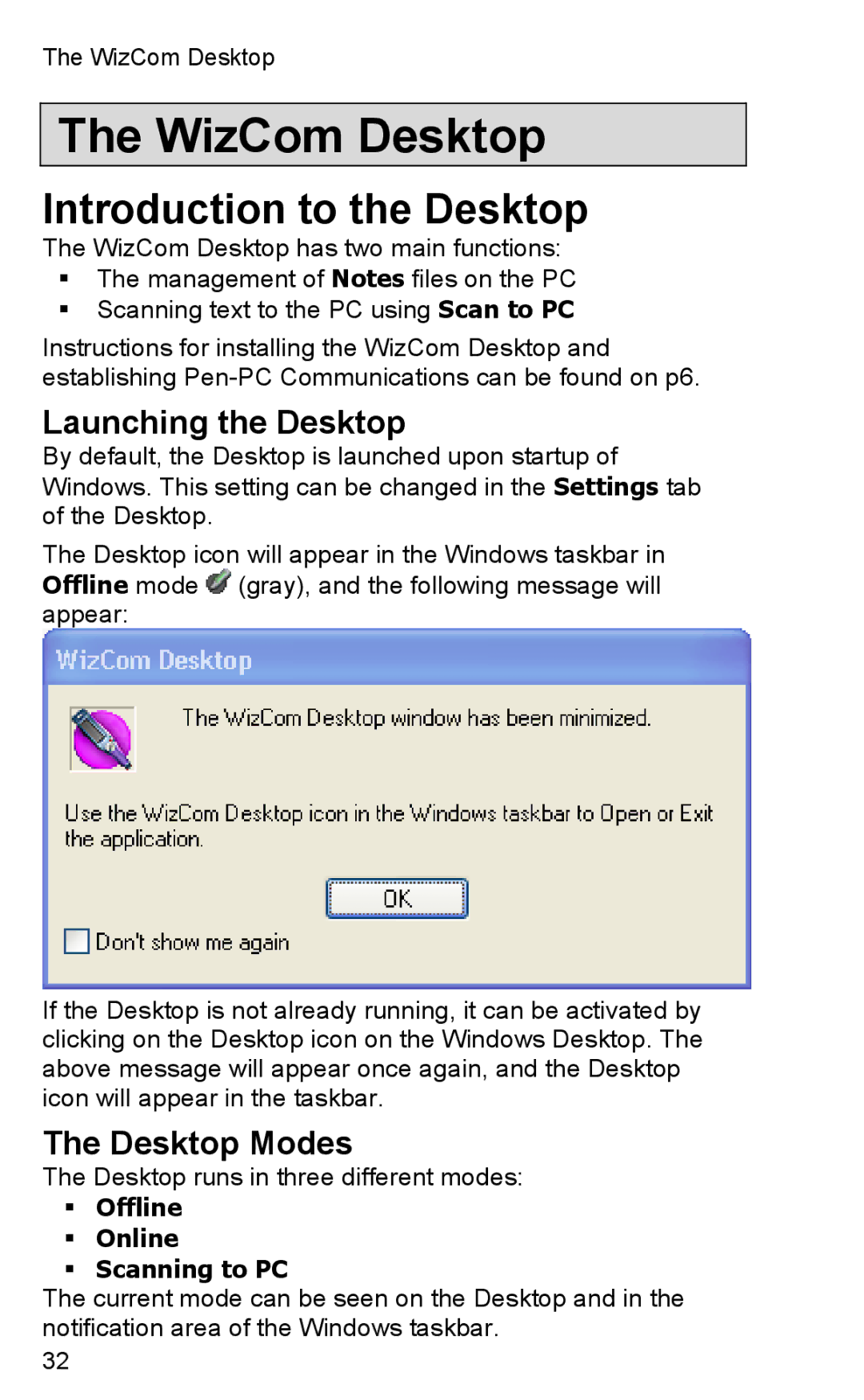 Wizcom TS Elite user manual WizCom Desktop, Introduction to the Desktop, ƒ Offline ƒ Online ƒ Scanning to PC 