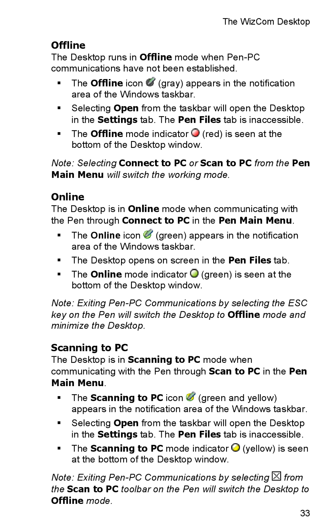 Wizcom TS Elite user manual Offline, Online, Scanning to PC 