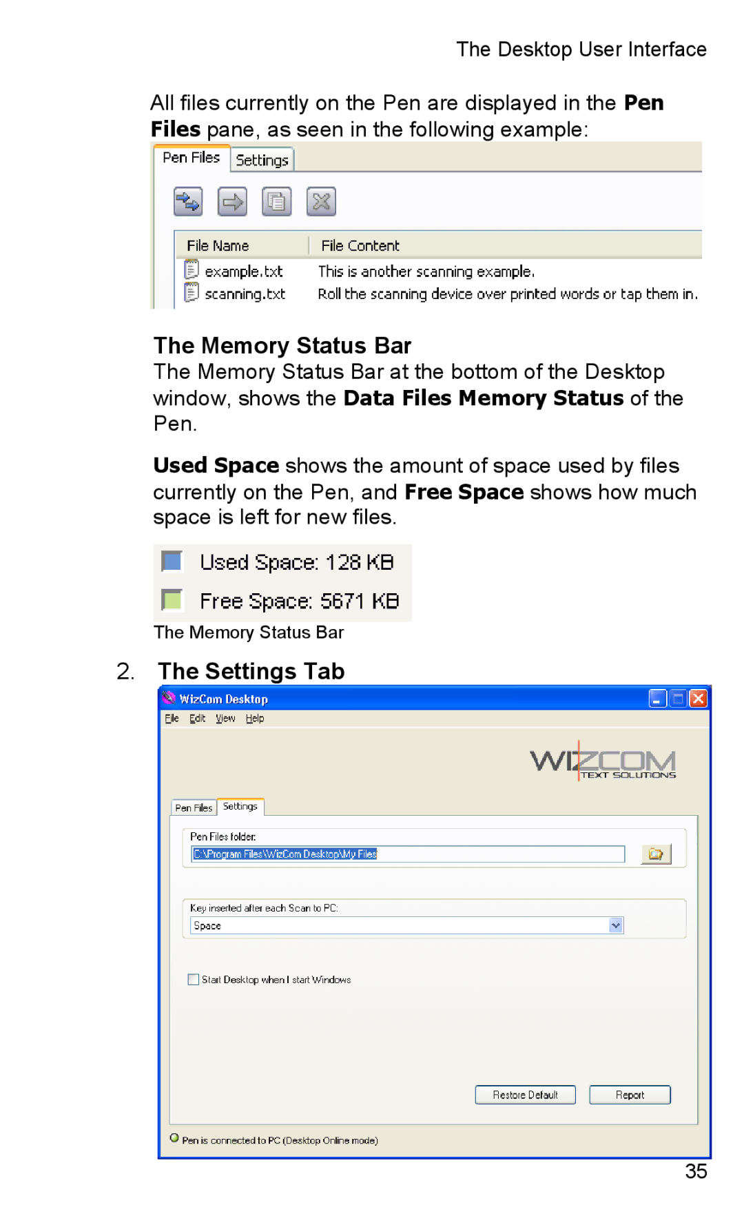 Wizcom TS Elite user manual Memory Status Bar, Settings Tab 