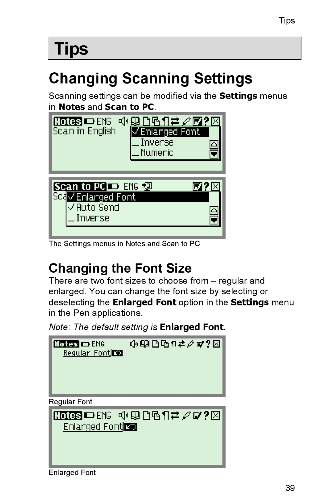 Wizcom TS Elite user manual Tips, Changing Scanning Settings, Changing the Font Size 