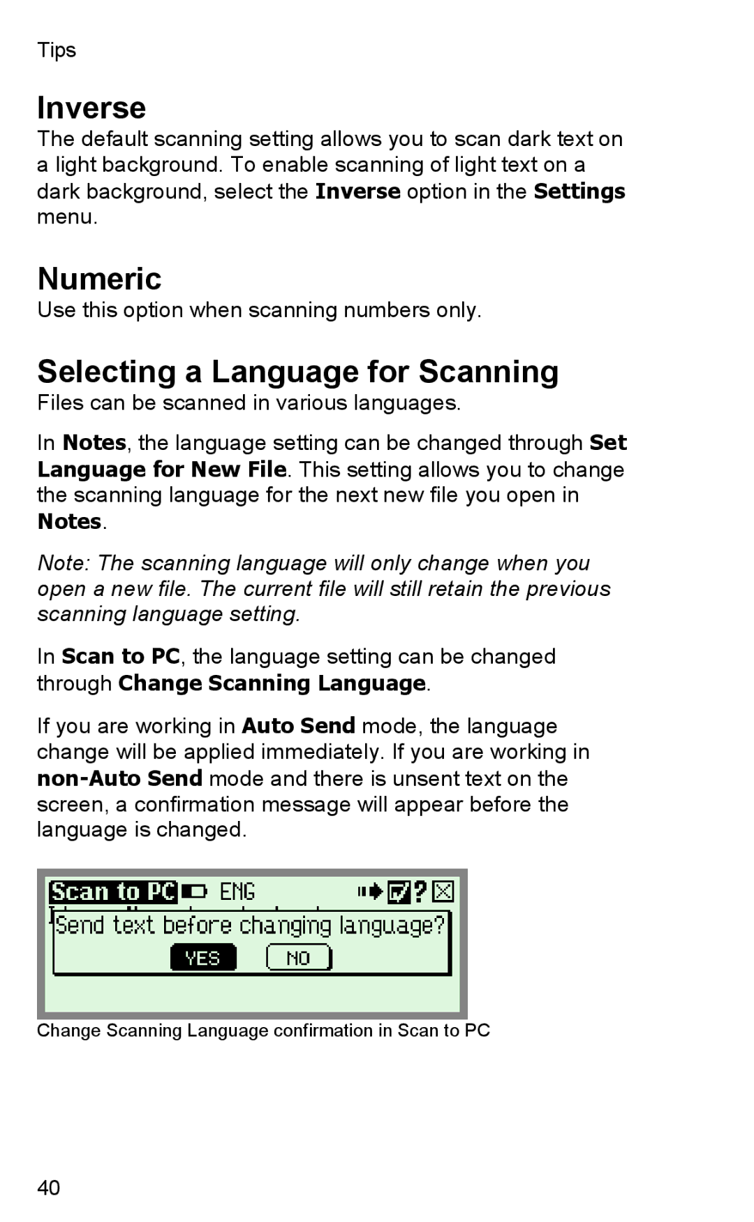 Wizcom TS Elite user manual Inverse, Numeric, Selecting a Language for Scanning 