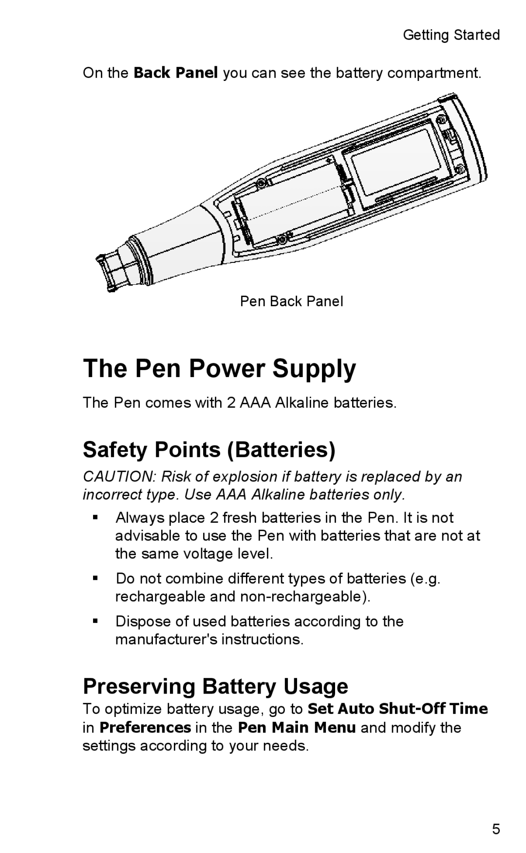 Wizcom TS Elite user manual Pen Power Supply, Safety Points Batteries, Preserving Battery Usage 