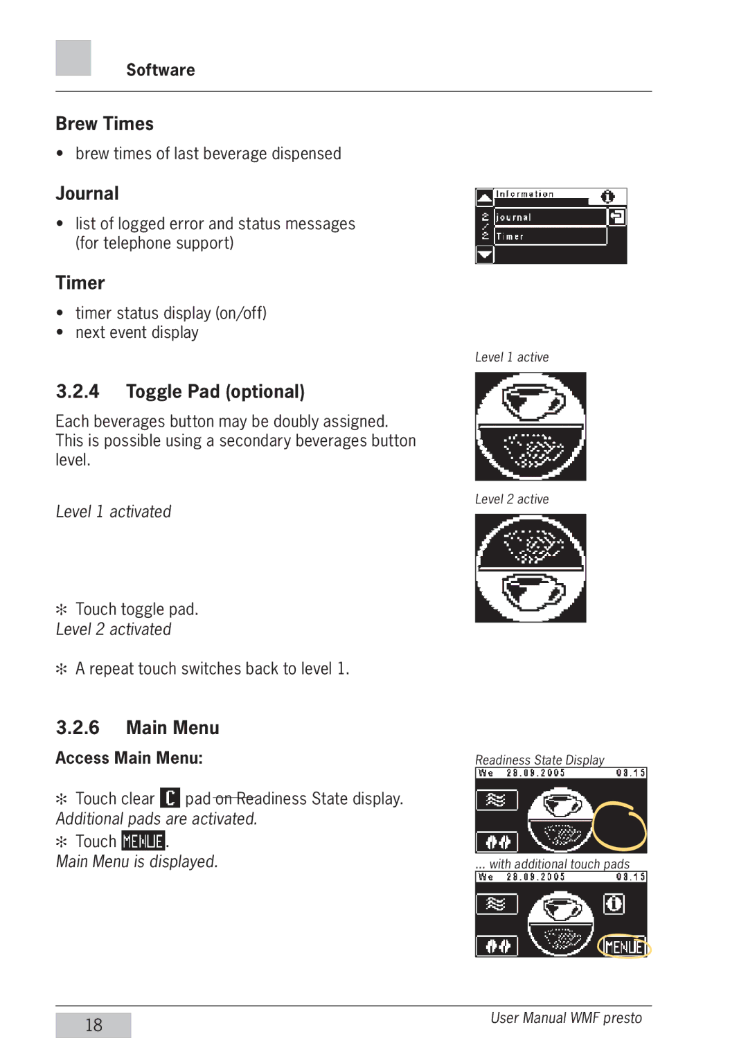 WMF Americas 1400 user manual Brew Times, Journal, Timer, Toggle Pad optional, Main Menu 