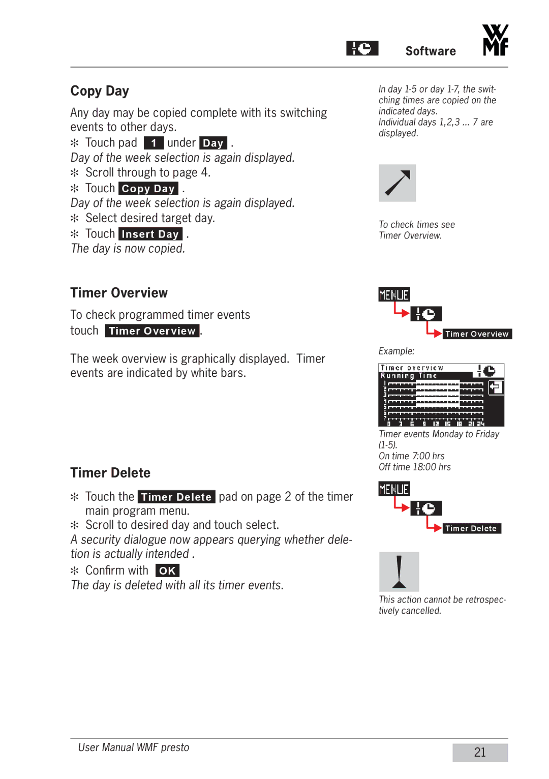 WMF Americas 1400 user manual Copy Day, Timer Overview, Timer Delete 