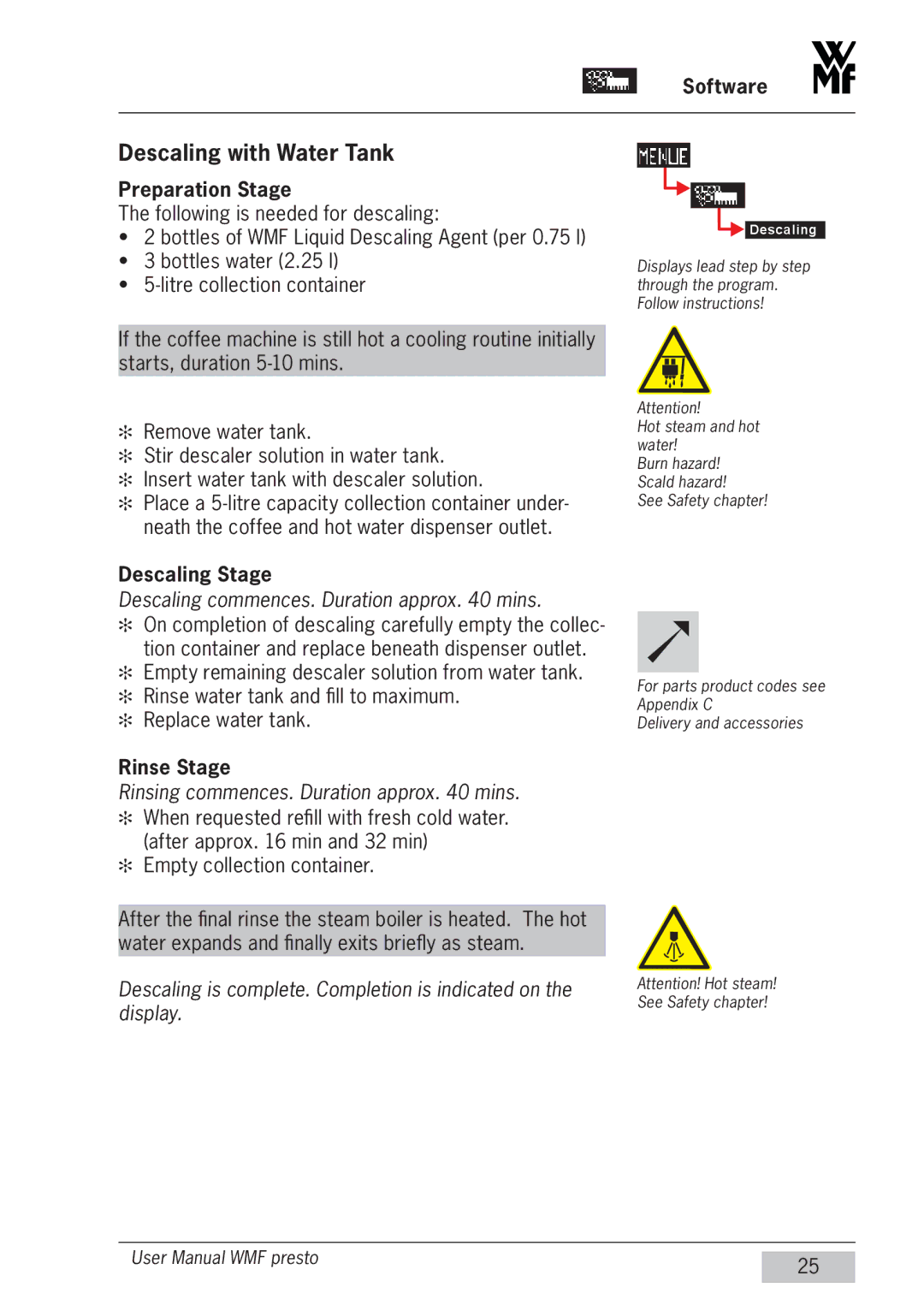 WMF Americas 1400 user manual Descaling with Water Tank, Preparation Stage, Descaling Stage, Rinse Stage 