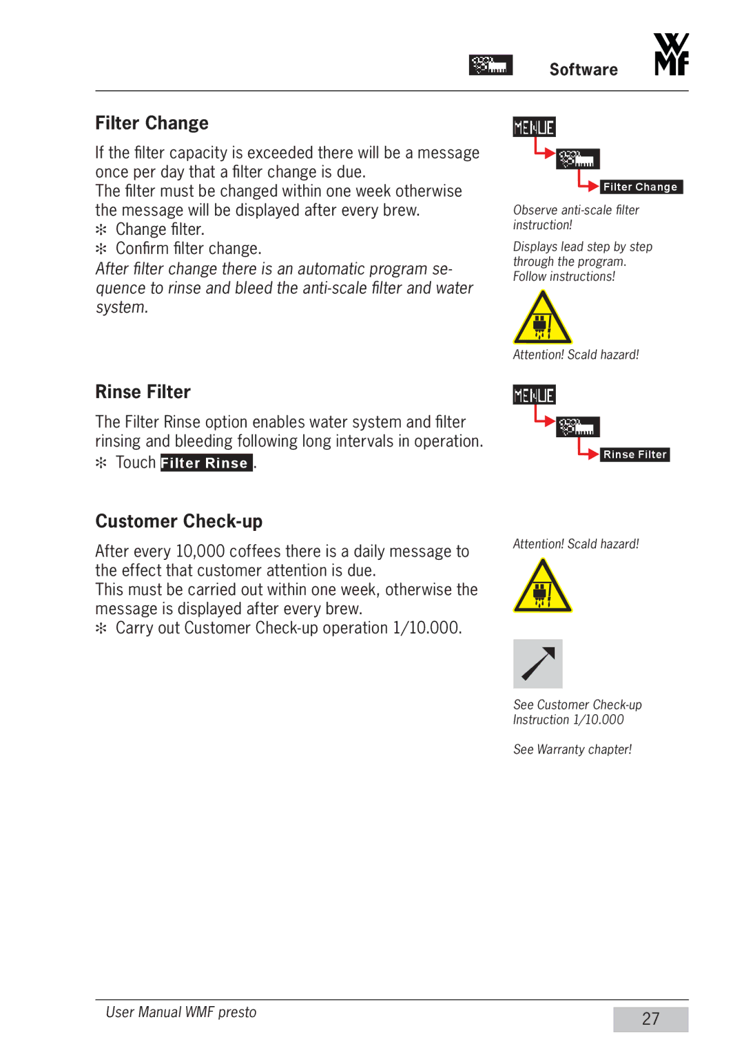 WMF Americas 1400 user manual Filter Change, Rinse Filter, Customer Check-up 