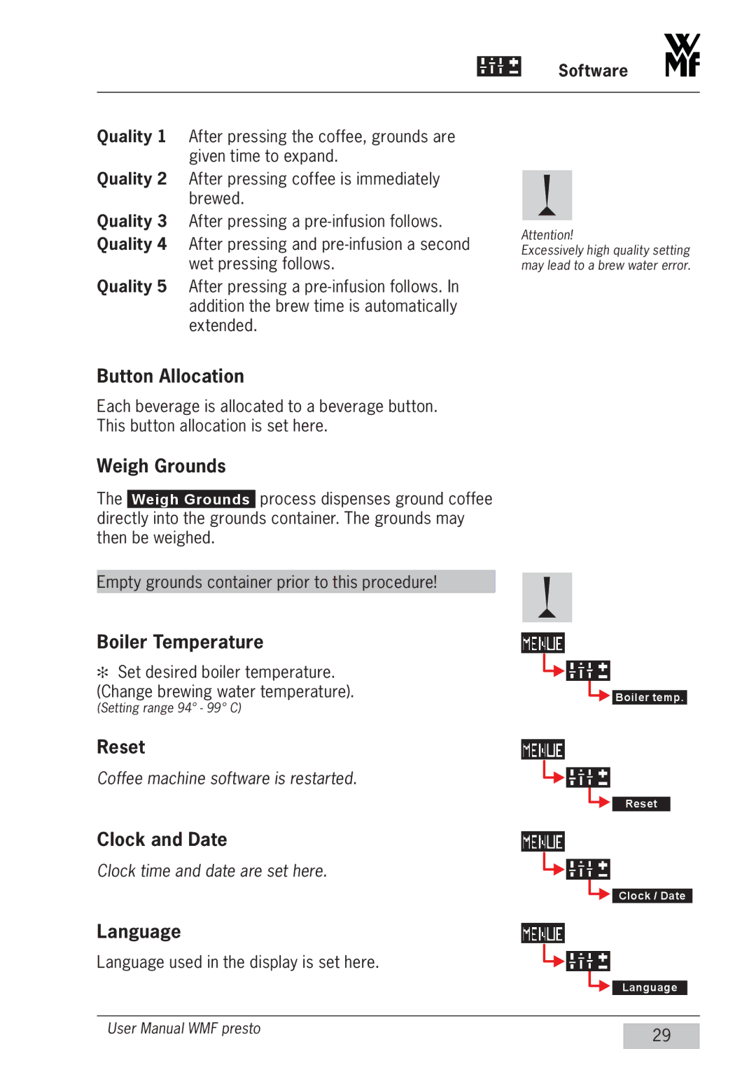 WMF Americas 1400 user manual Button Allocation, Weigh Grounds, Boiler Temperature, Reset, Clock and Date, Language 