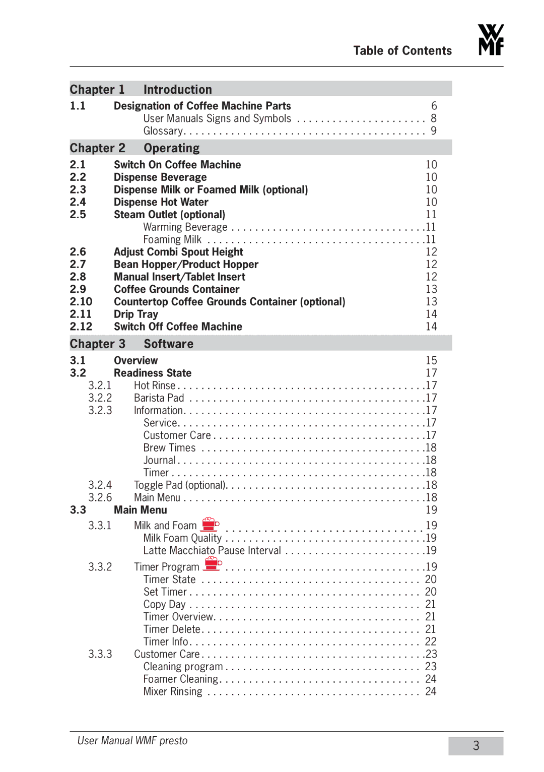 WMF Americas 1400 user manual Table of Contents Chapter Introduction, Chapter Operating, Chapter Software 