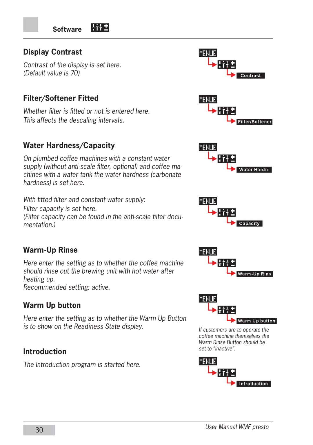 WMF Americas 1400 Display Contrast, Filter/Softener Fitted, Water Hardness/Capacity, Warm-Up Rinse, Warm Up button 